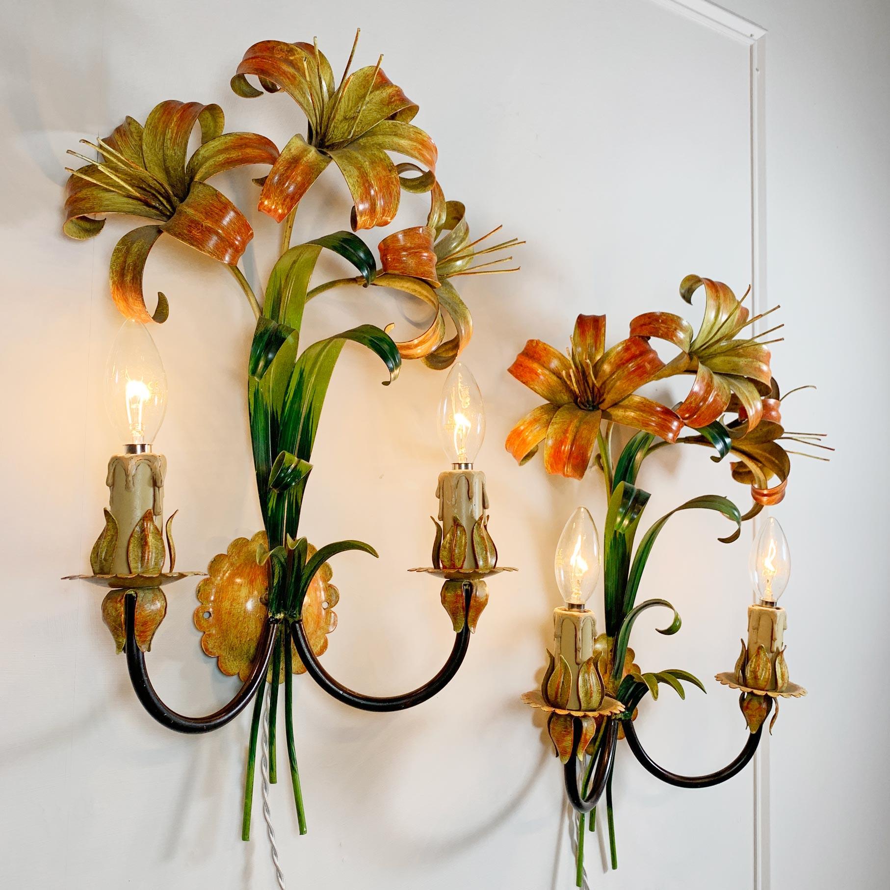 Hand-Painted Italian Orange and Yellow Lily Tole Wall Lights, 1970s For Sale