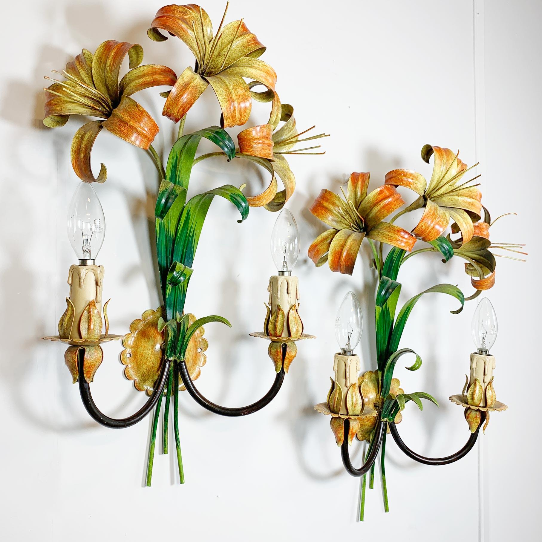 Metal Italian Orange and Yellow Lily Tole Wall Lights, 1970s For Sale