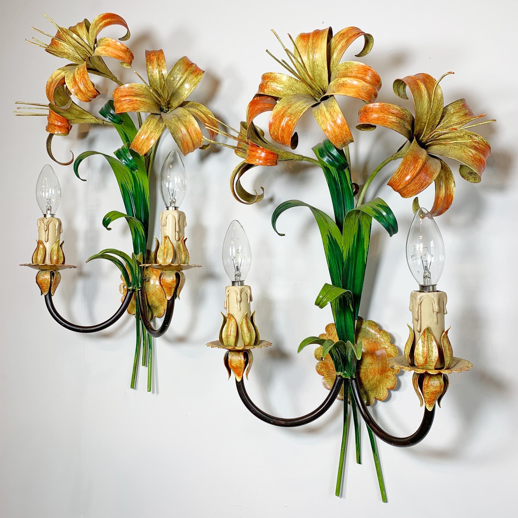Italian Orange and Yellow Lily Tole Wall Lights, 1970s For Sale 2