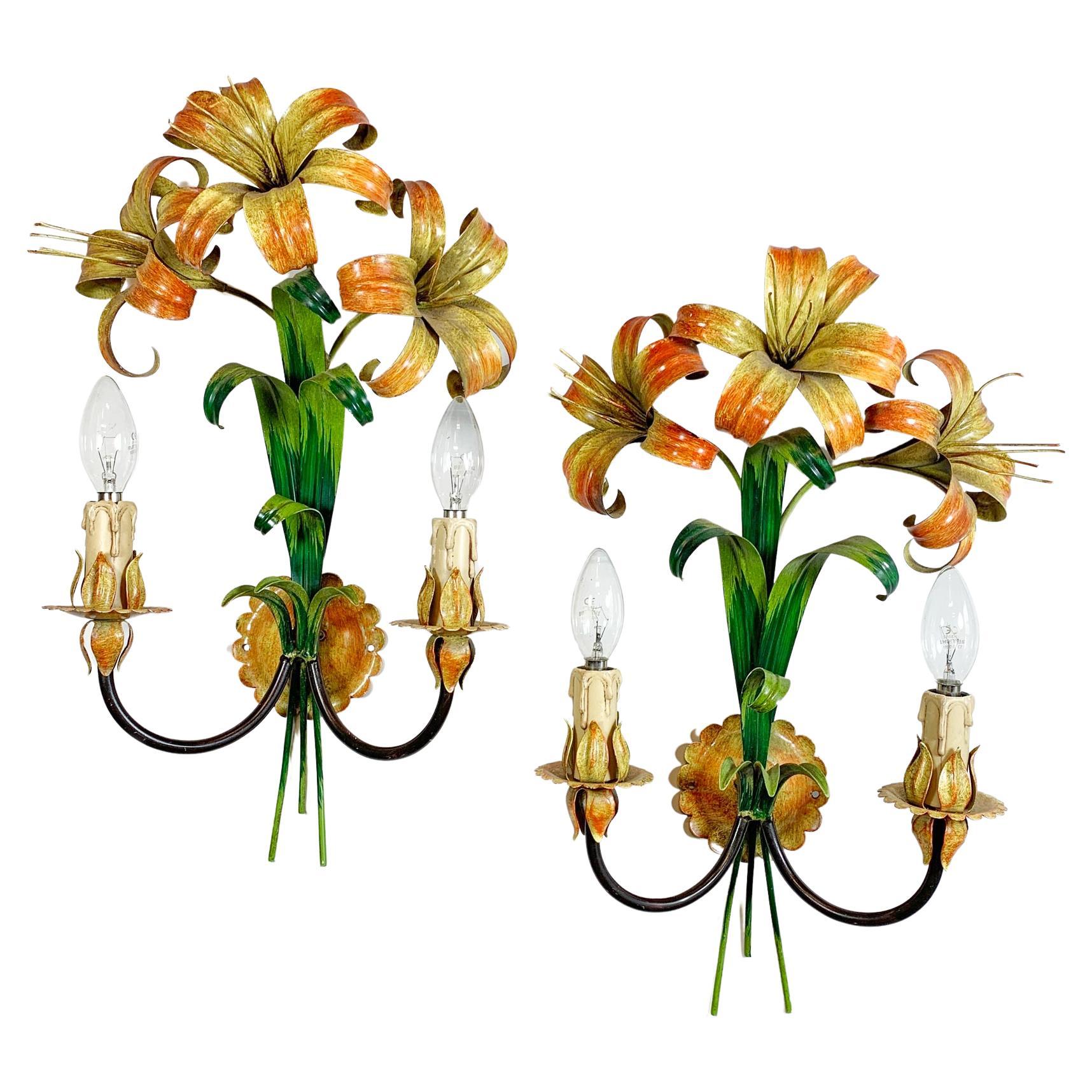 Italian Orange and Yellow Lily Tole Wall Lights, 1970s For Sale