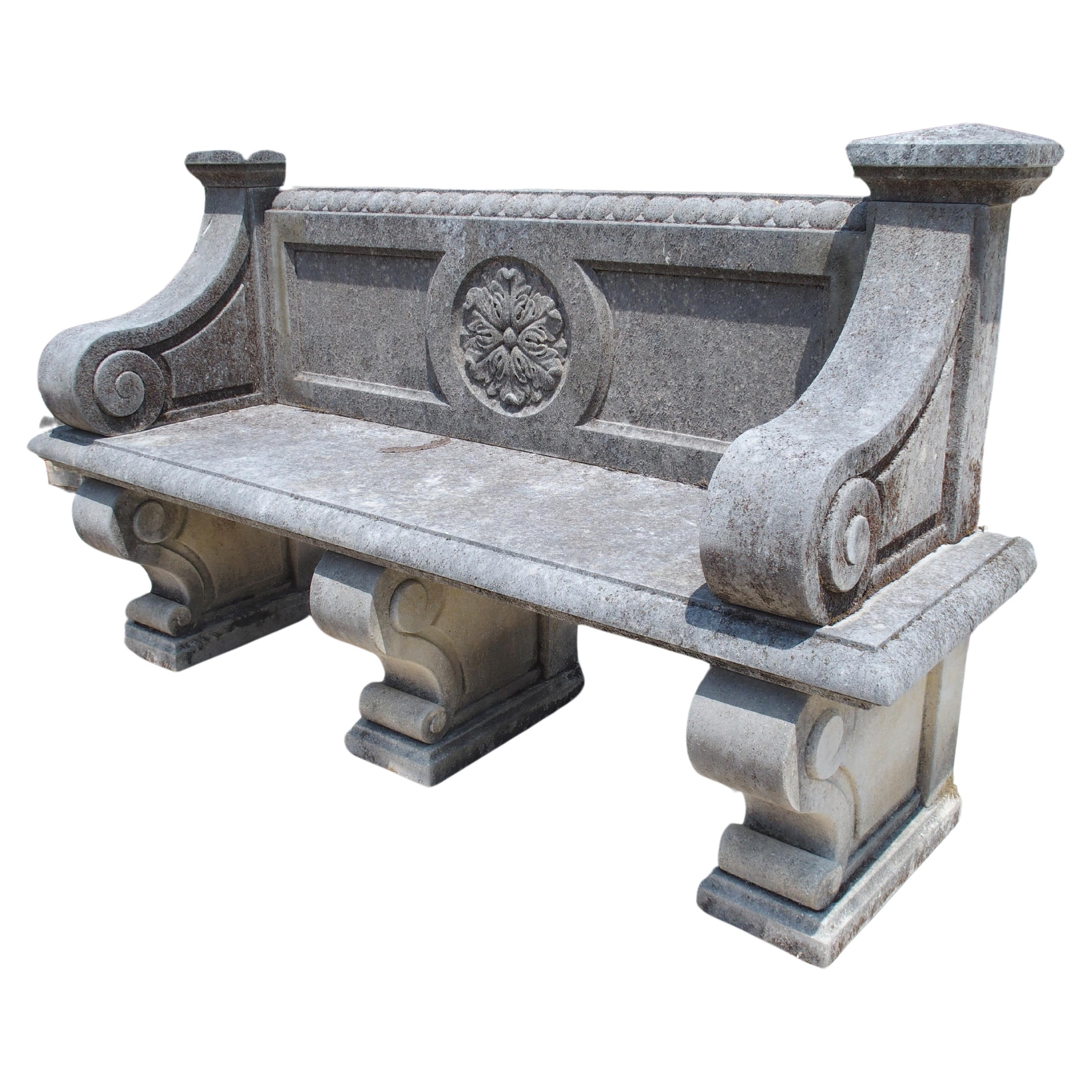 Italian Limestone Garden Bench with Carved Rosette Back and Scrolled Legs