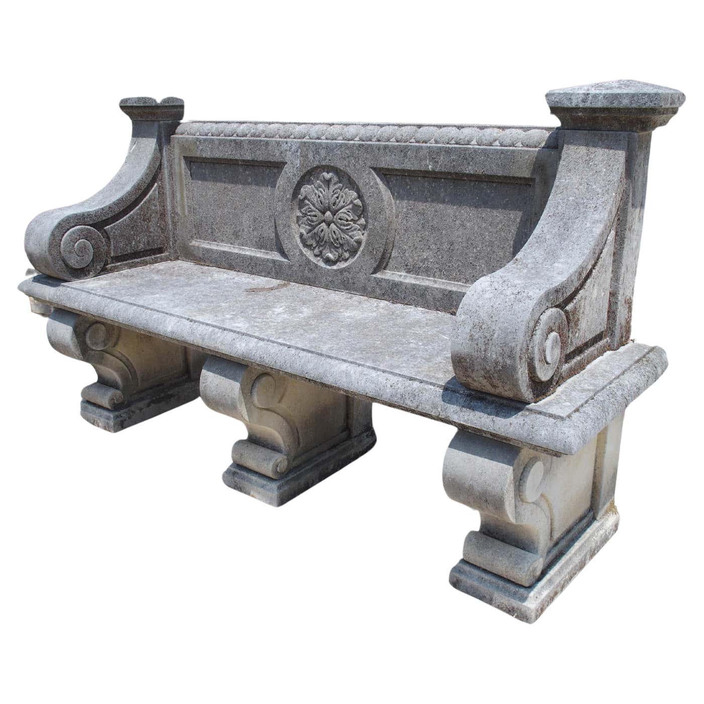 Italian Limestone Garden Bench with Carved Rosette Back and Scrolled ...