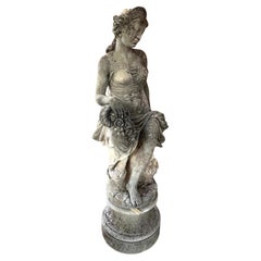 Italian Limestone Statue of Flora on Circular Stone Pedestal