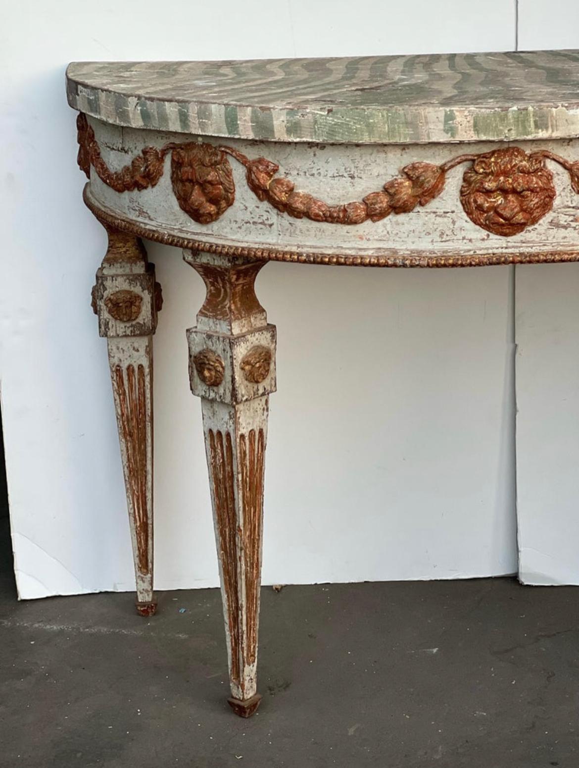 Italian Lion Head Tall Demi Lunes or Center Table, Pair In Good Condition For Sale In San Angelo, TX