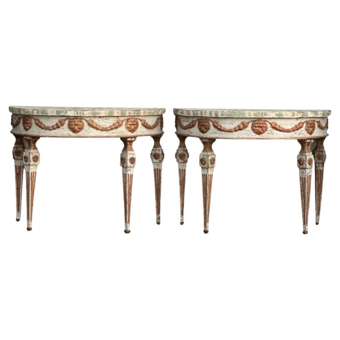 Italian Lion Head Tall Demi Lunes or Center Table, Pair