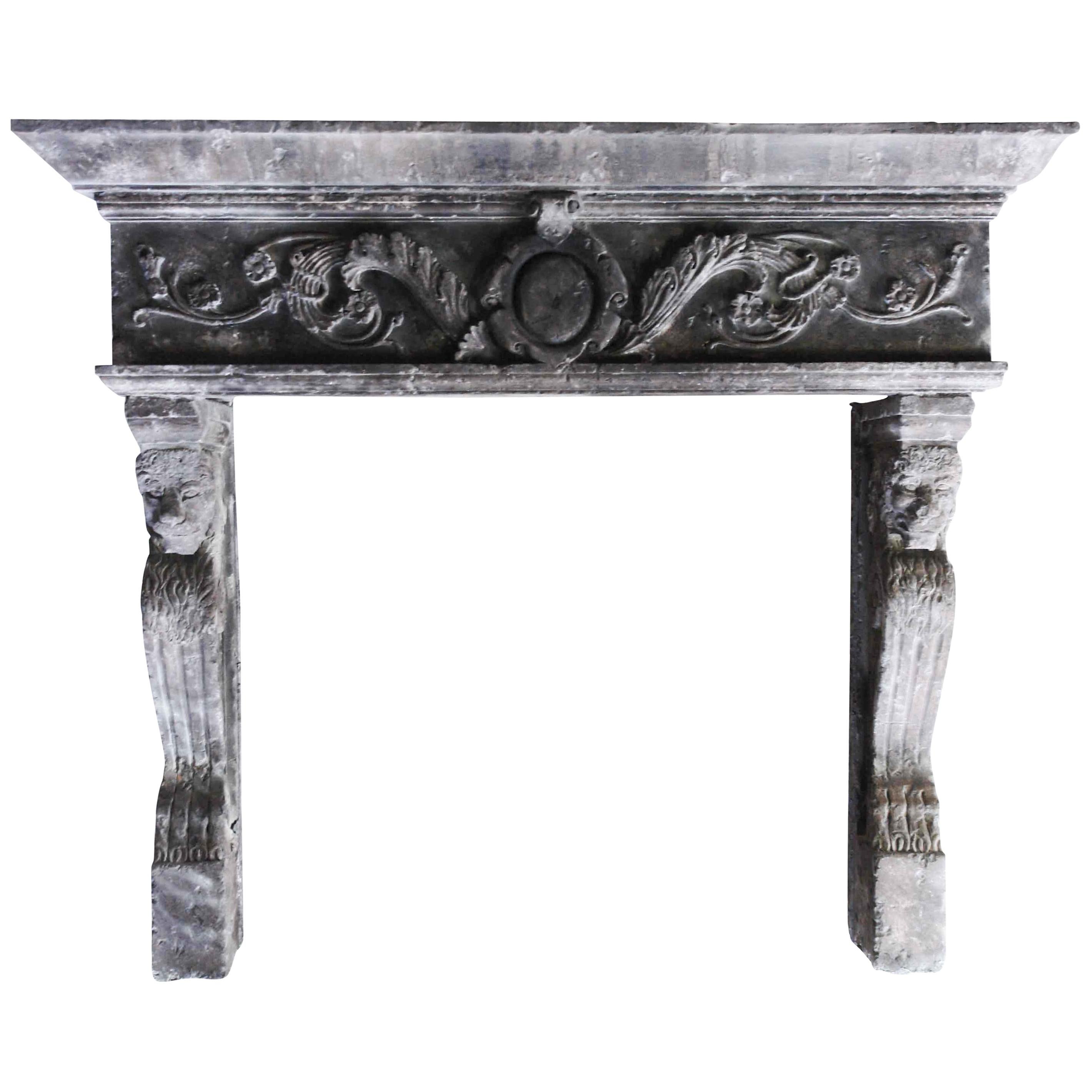 Italian Lions Renaissance Style Fireplace Hand-Carved Limestone Antique Finish For Sale