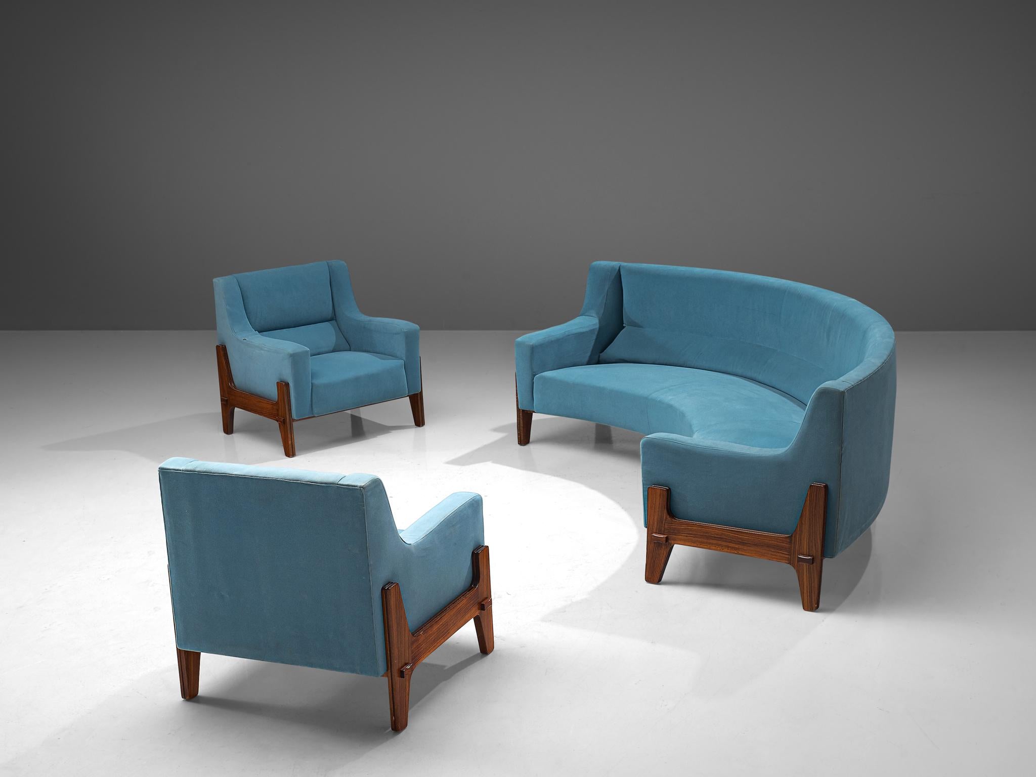 Mid-Century Modern Italian Living Room Set in Rosewood and Sky Blue Upholstery