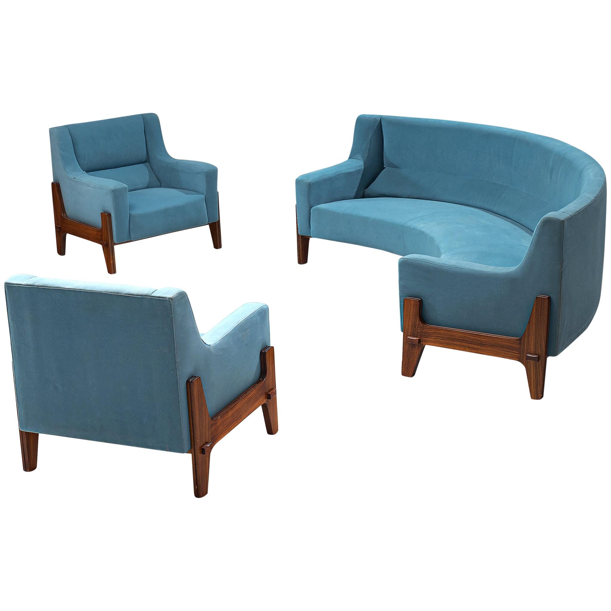 Italian Living Room Set in Rosewood and Sky Blue Upholstery