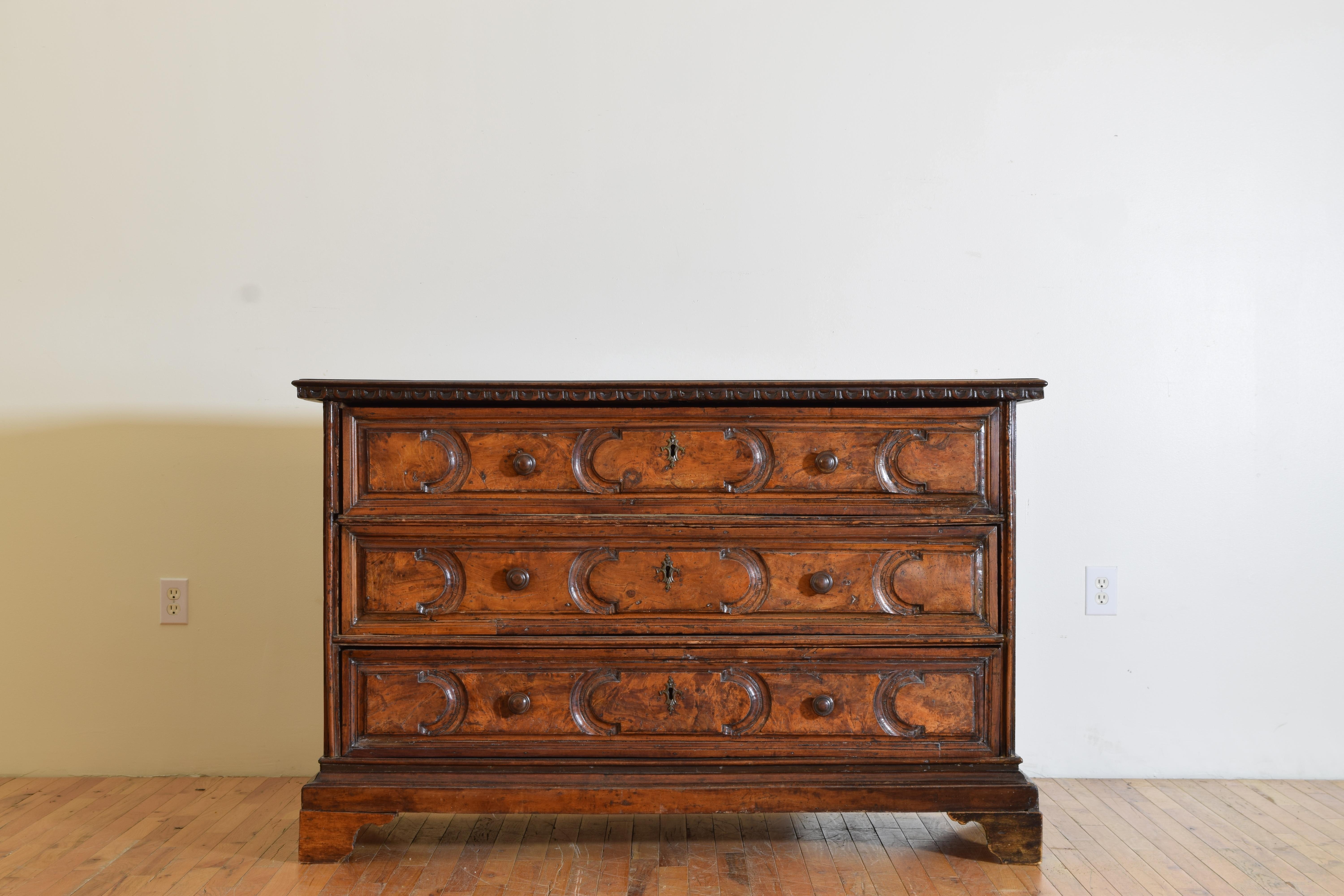 Baroque Italian, Lombardia Carved Walnut 3- Drawer Commode, Early 18th C For Sale
