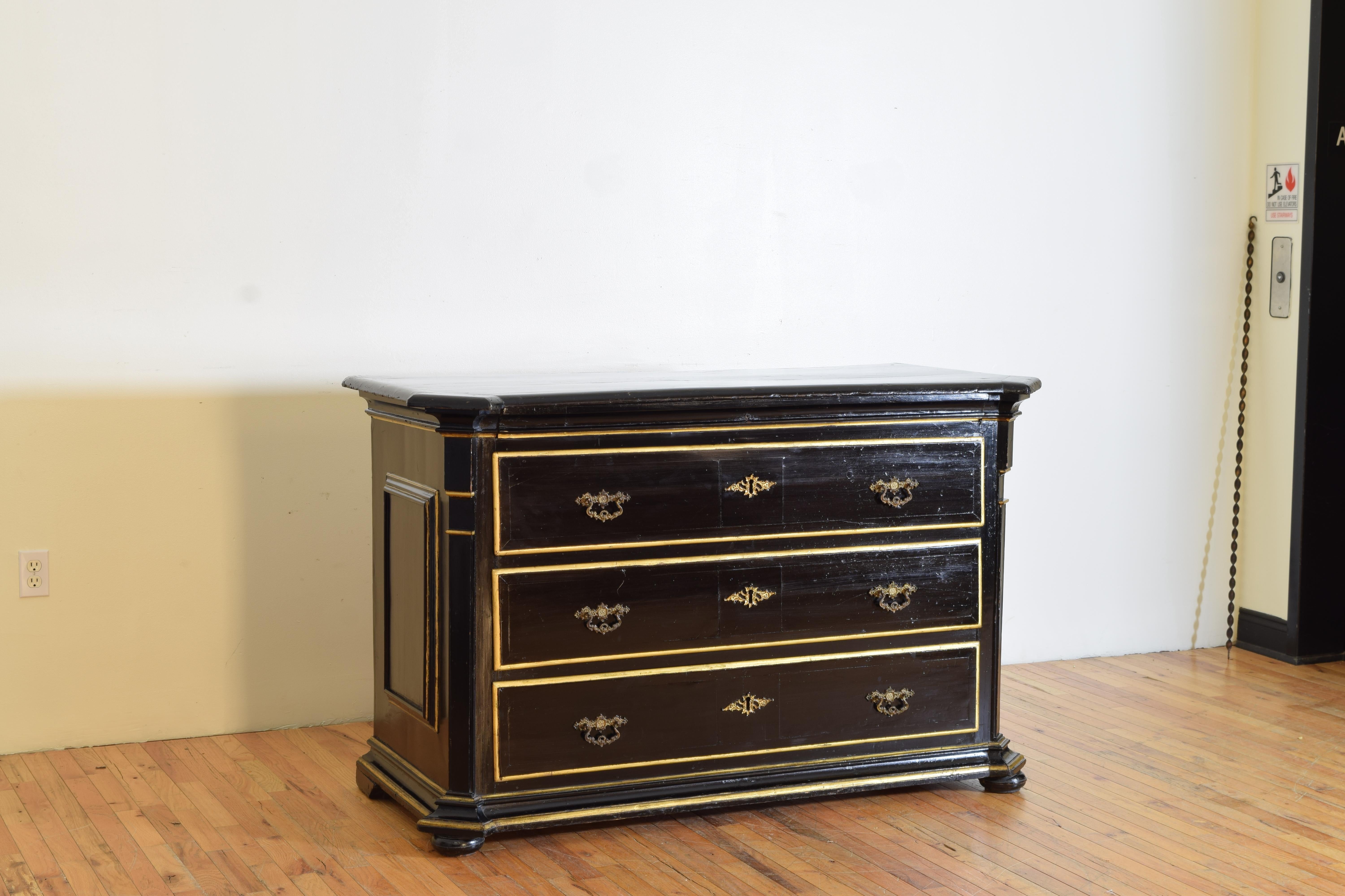 French Italian, Lombardia, Charles X Period Ebonized & Gilded 3-Drawer Commode mid19thc For Sale