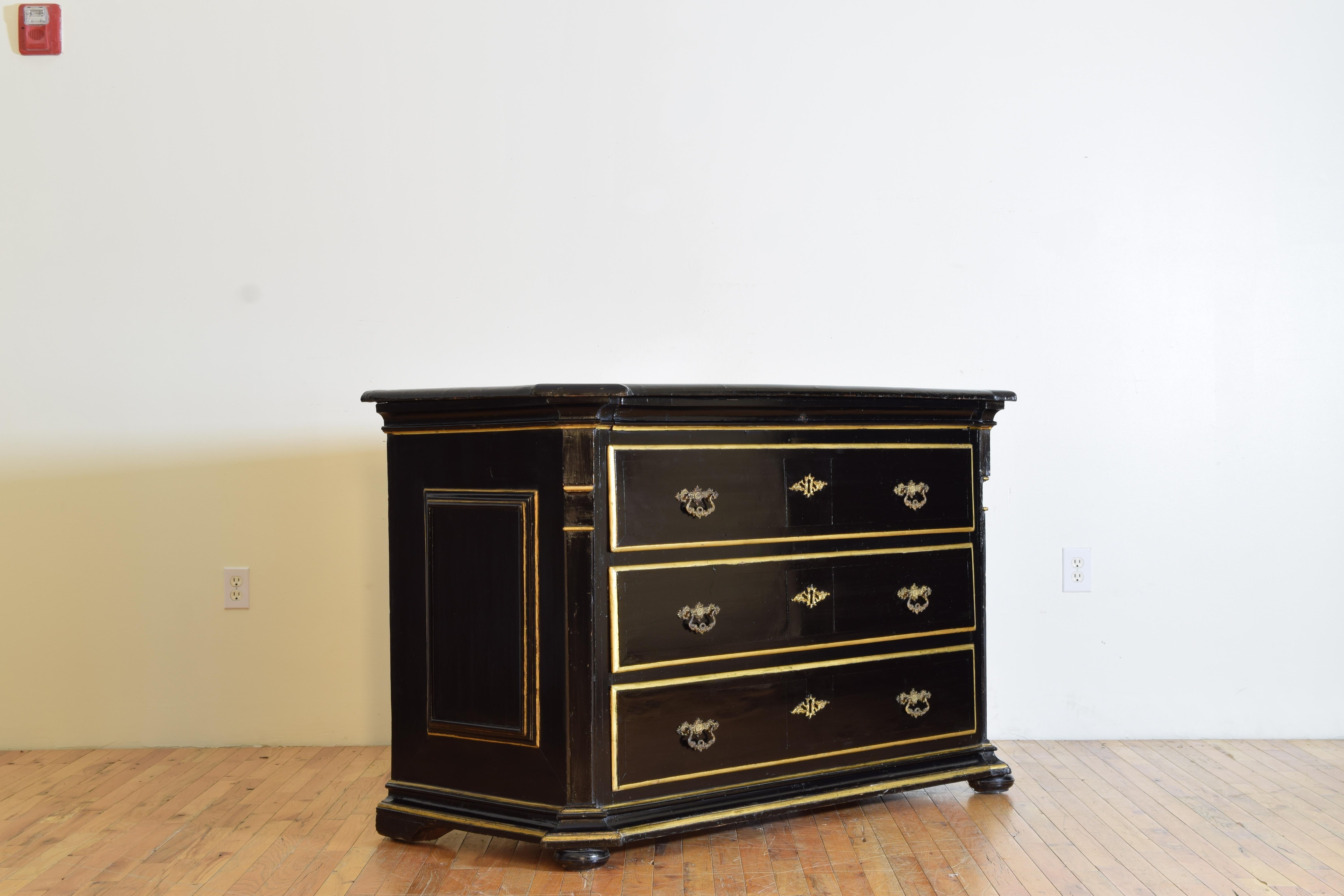 Italian, Lombardia, Charles X Period Ebonized & Gilded 3-Drawer Commode mid19thc In Good Condition For Sale In Atlanta, GA