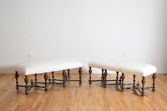 Italian, Lombardia, Late Baroque Pair of Walnut, Ebonized, & Upholstered Benches