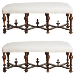 Antique Italian, Lombardia, Late Baroque Pair of Walnut, Ebonized, & Upholstered Benches