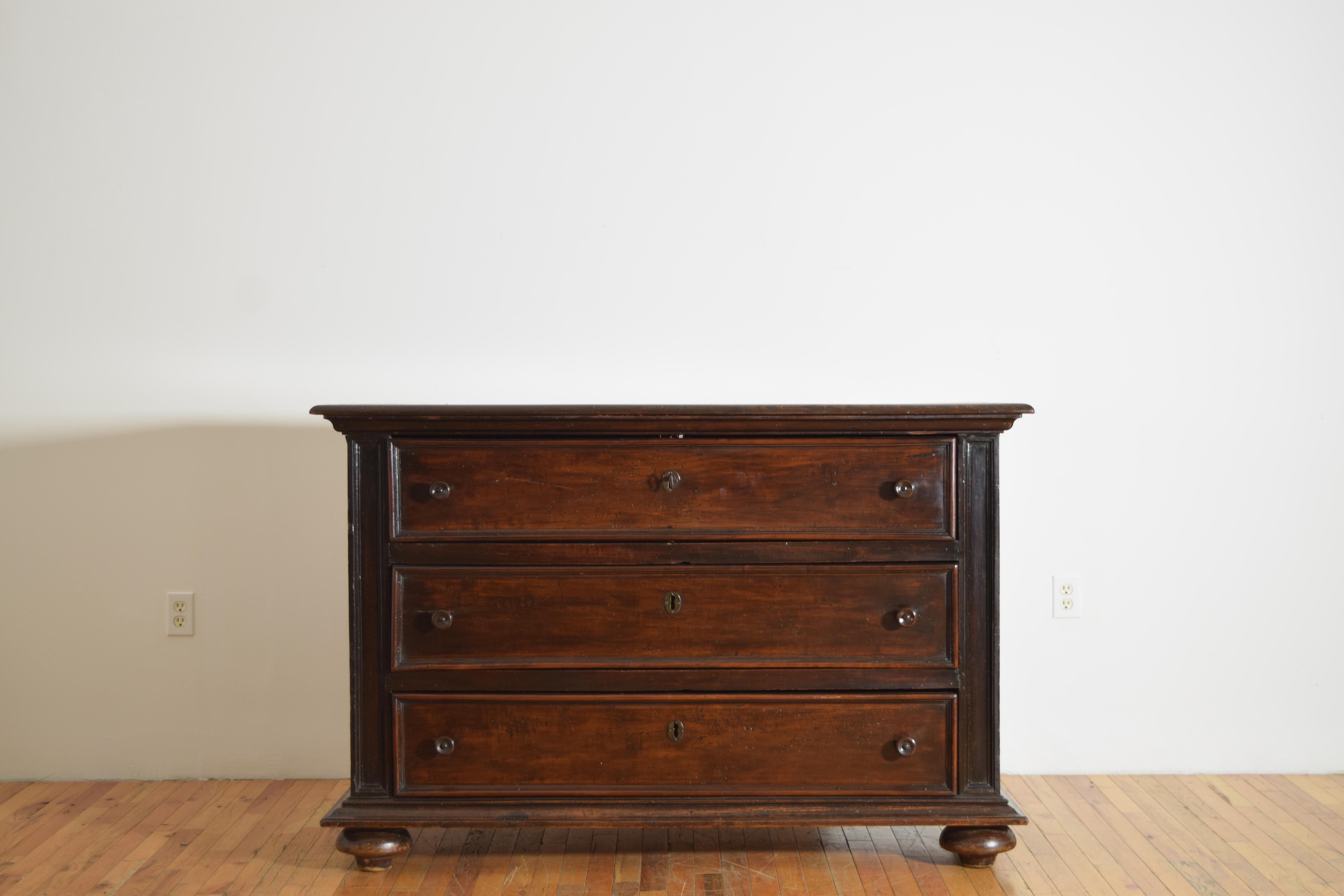 French Italian, Lombardia, Louis XIII Style Walnut 3-Drawer Commode, late 18th century For Sale