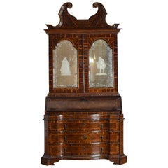 Antique Italian, Lombardia, LXIV Period Carobwood Veneer 2-Piece Secretary Cabinet, 1725