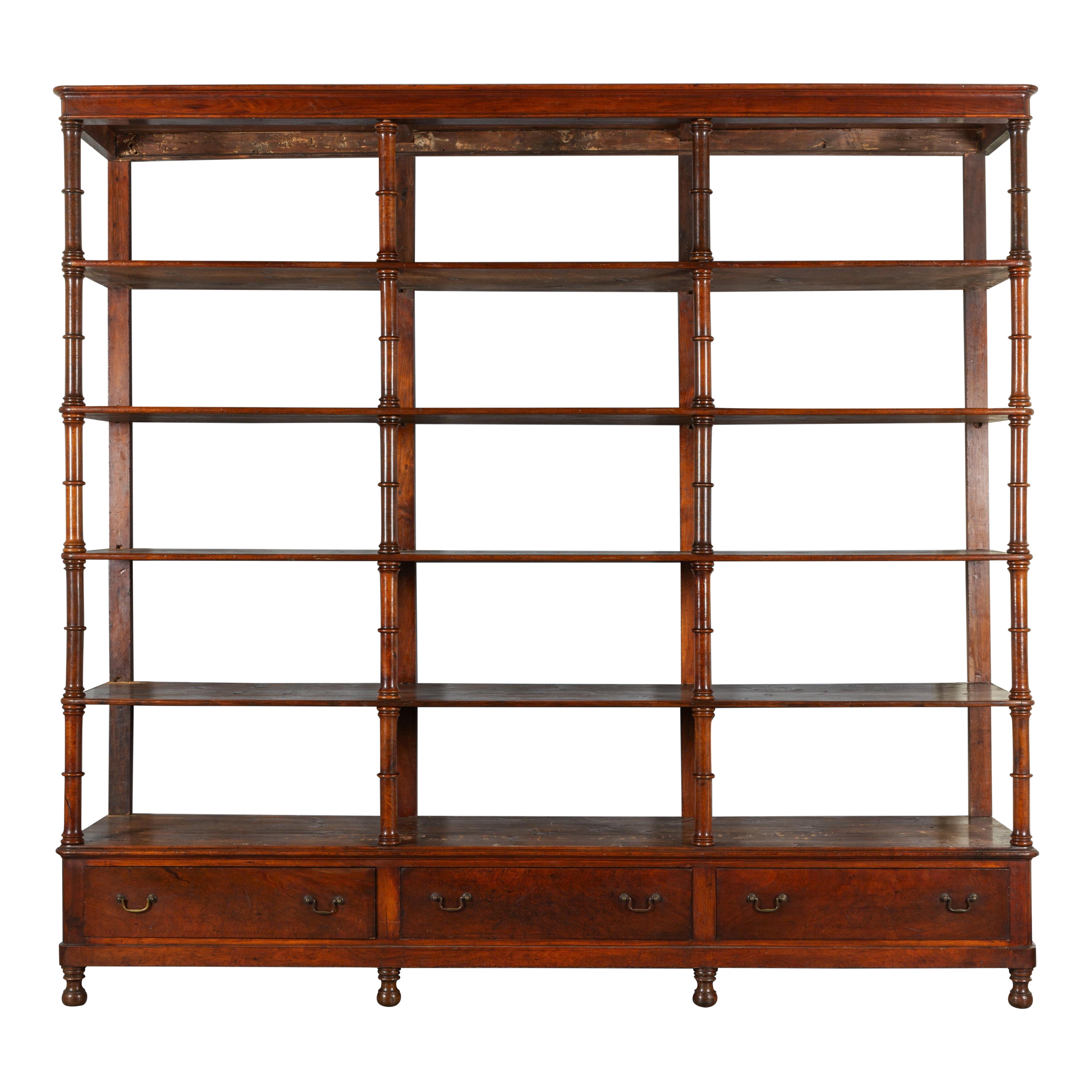 Italian, Lombardia, Neoclassic Large Walnut Open 3-Drawer Bookcase, ca. 1830