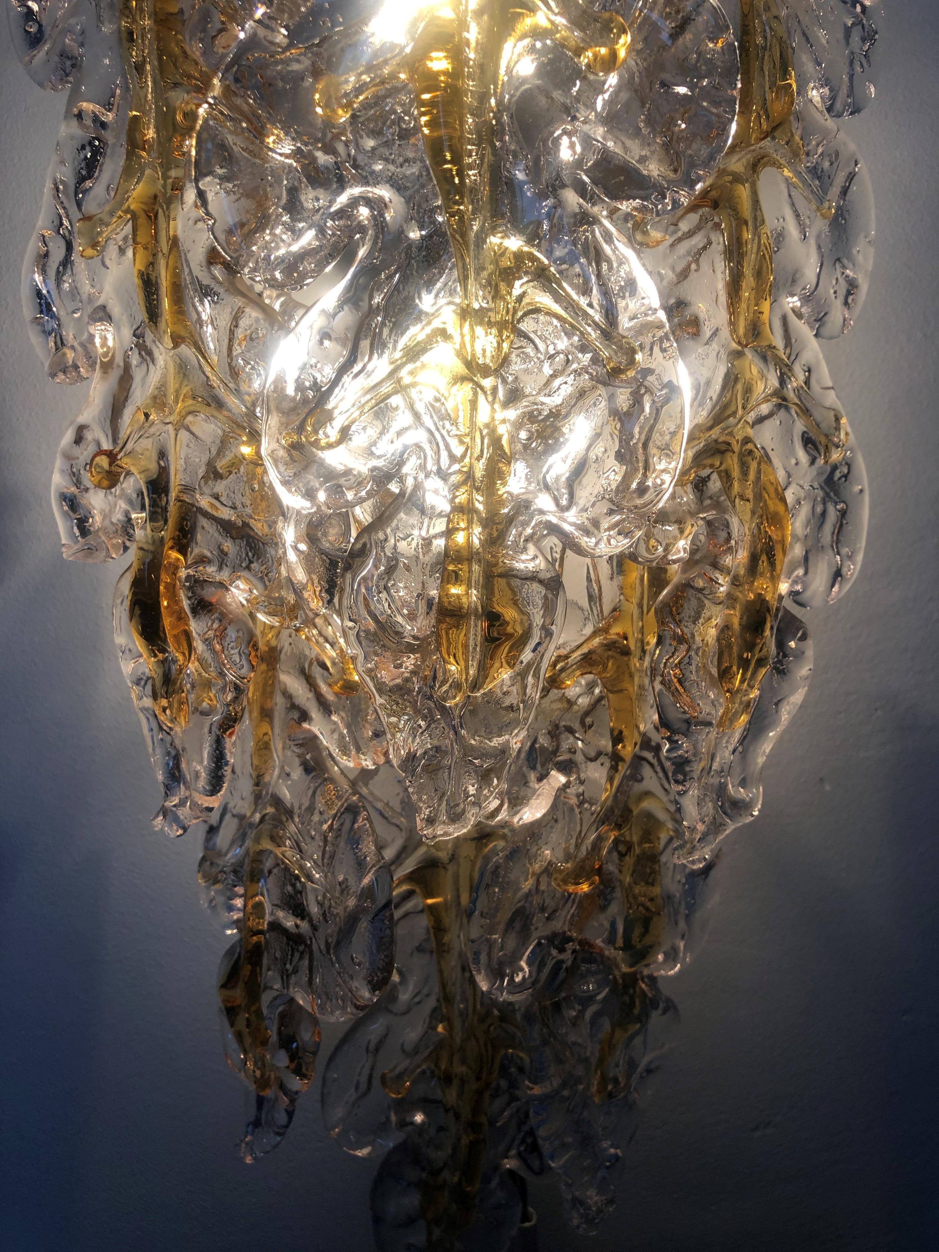 Italian Lomg Midcentury Amber Murano Glass Leaf Wall Sconce by Mazzega, 1970s For Sale 4