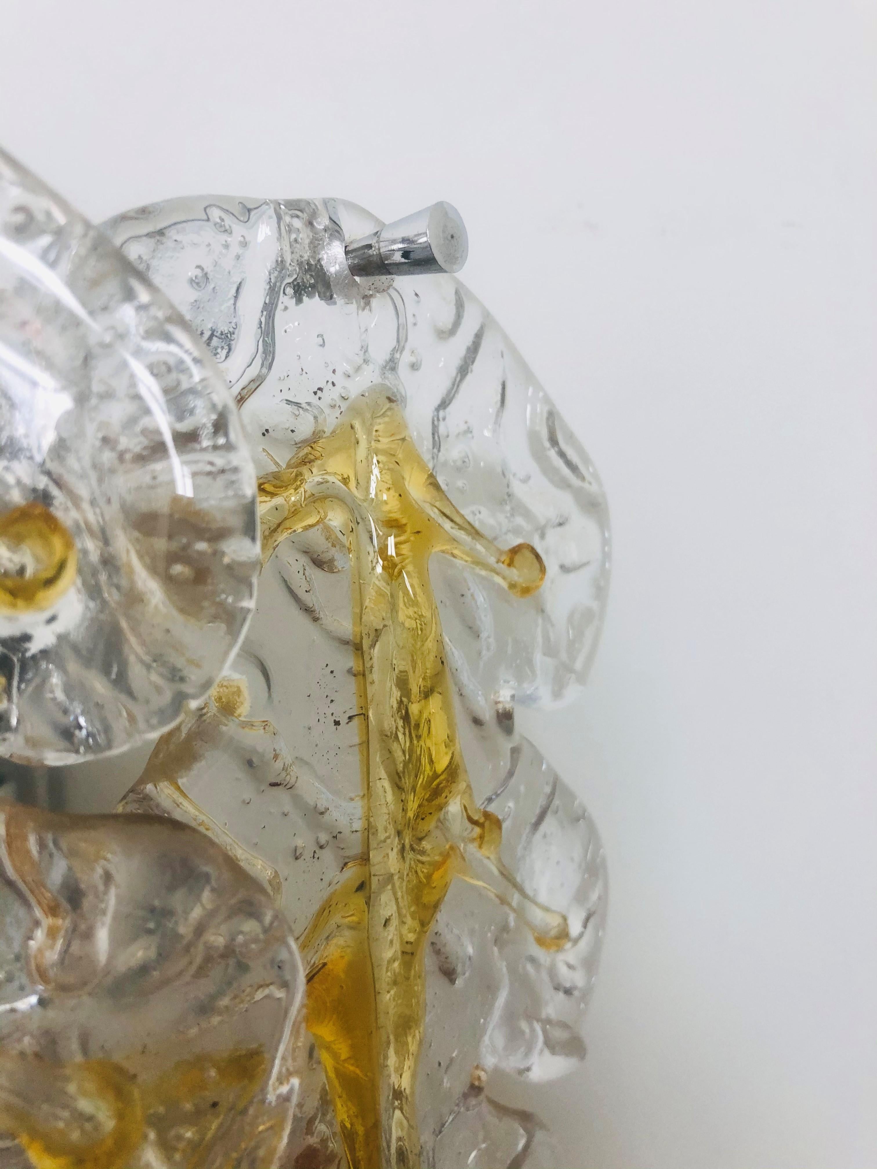 Italian Lomg Midcentury Amber Murano Glass Leaf Wall Sconce by Mazzega, 1970s For Sale 5