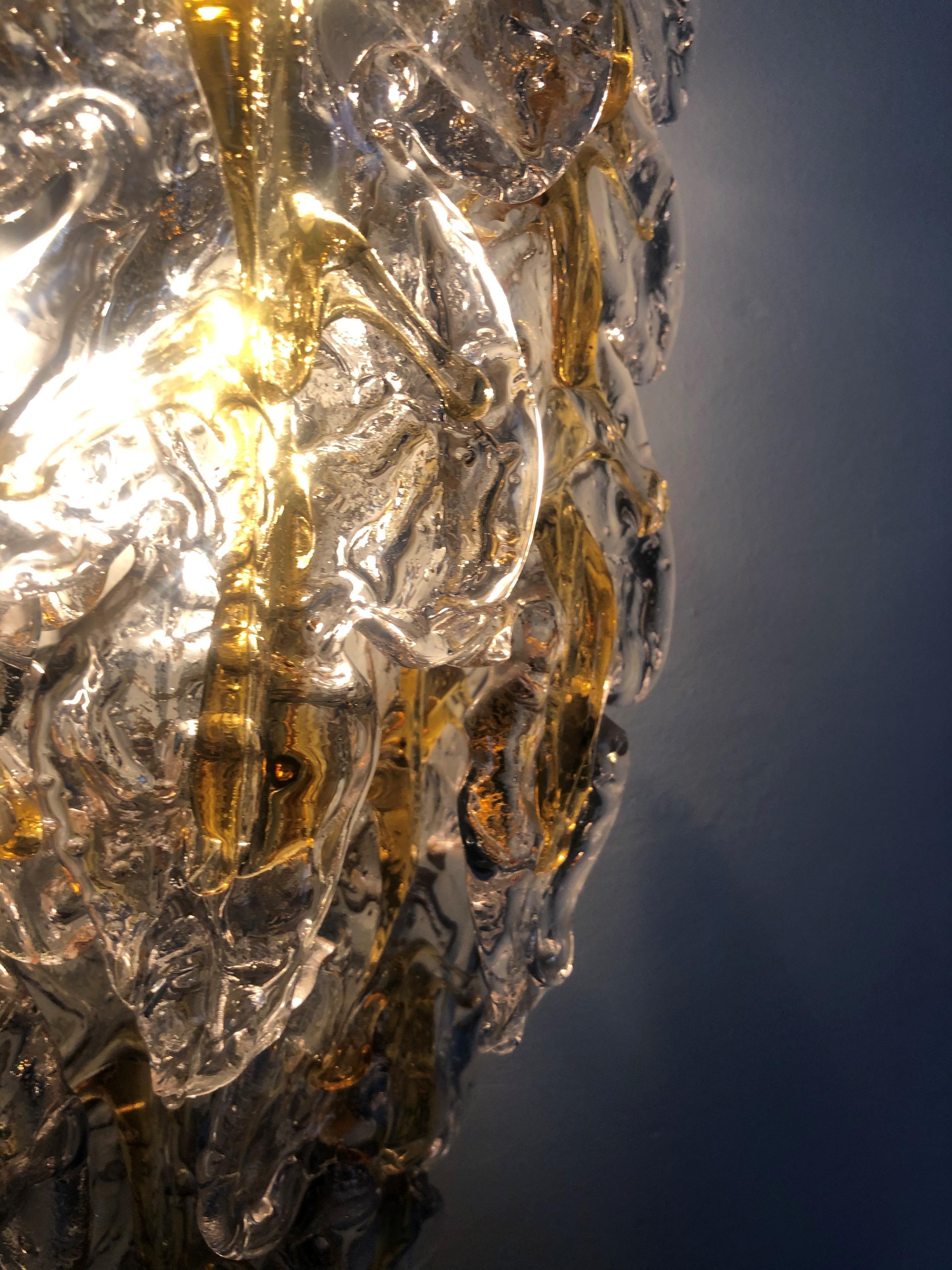 Italian Lomg Midcentury Amber Murano Glass Leaf Wall Sconce by Mazzega, 1970s For Sale 6