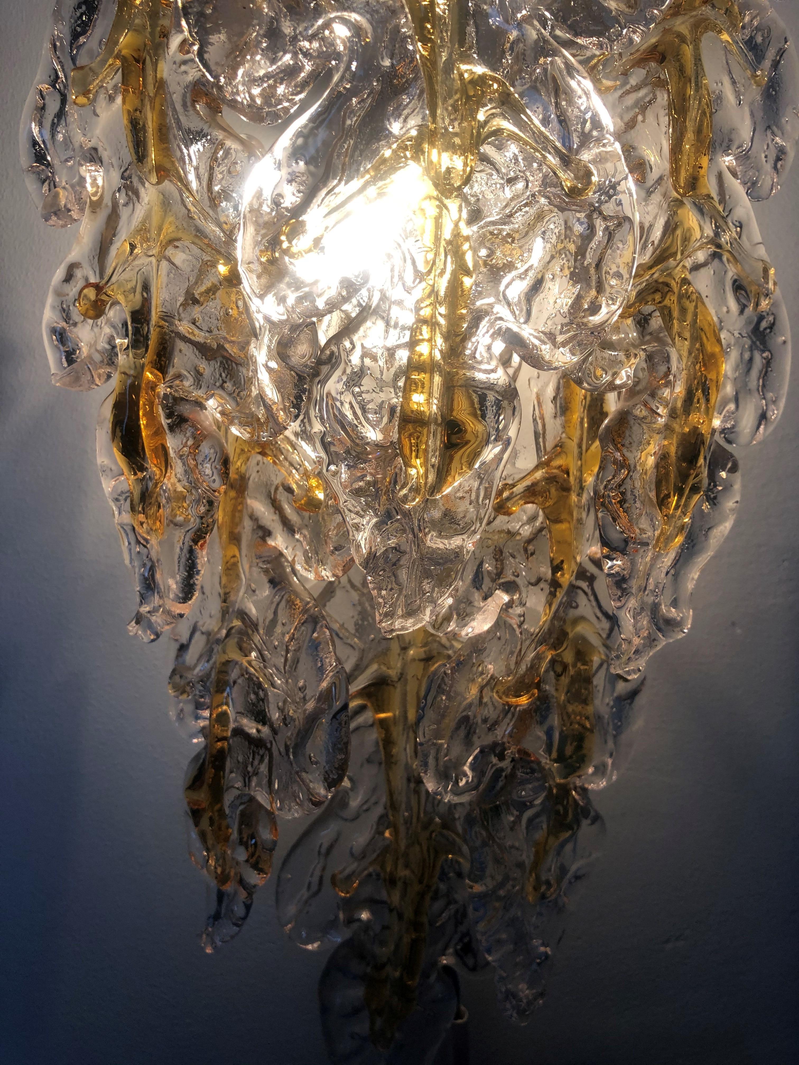 Italian Lomg Midcentury Amber Murano Glass Leaf Wall Sconce by Mazzega, 1970s For Sale 2