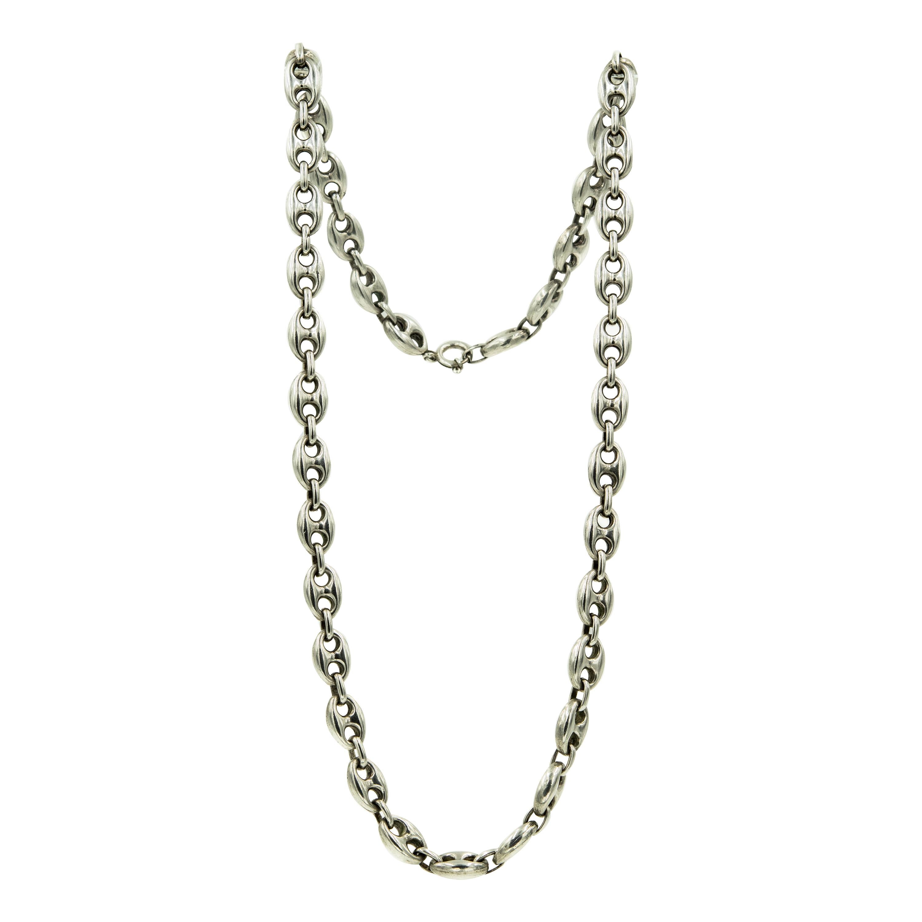 Italian Long Anchor Mariner Link Silver Chain Necklace