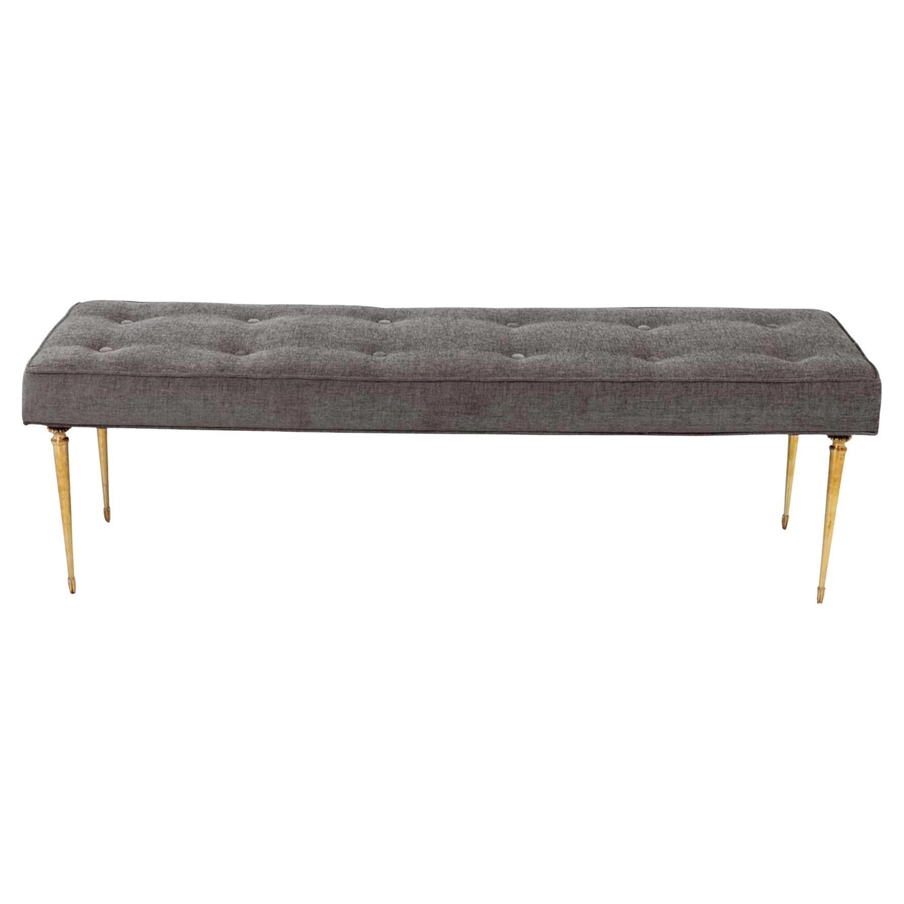 Italian Long Bench, Solid Brass Legs, Chenille Upholstery, 1950s For Sale