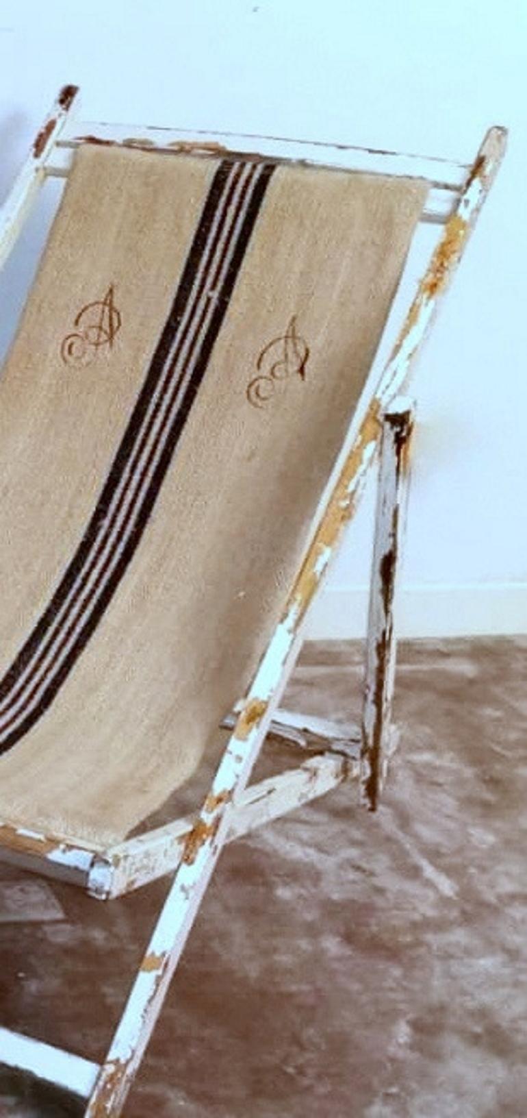 Italian Long Chair for the Beach in Raw Cotton and Wood 2