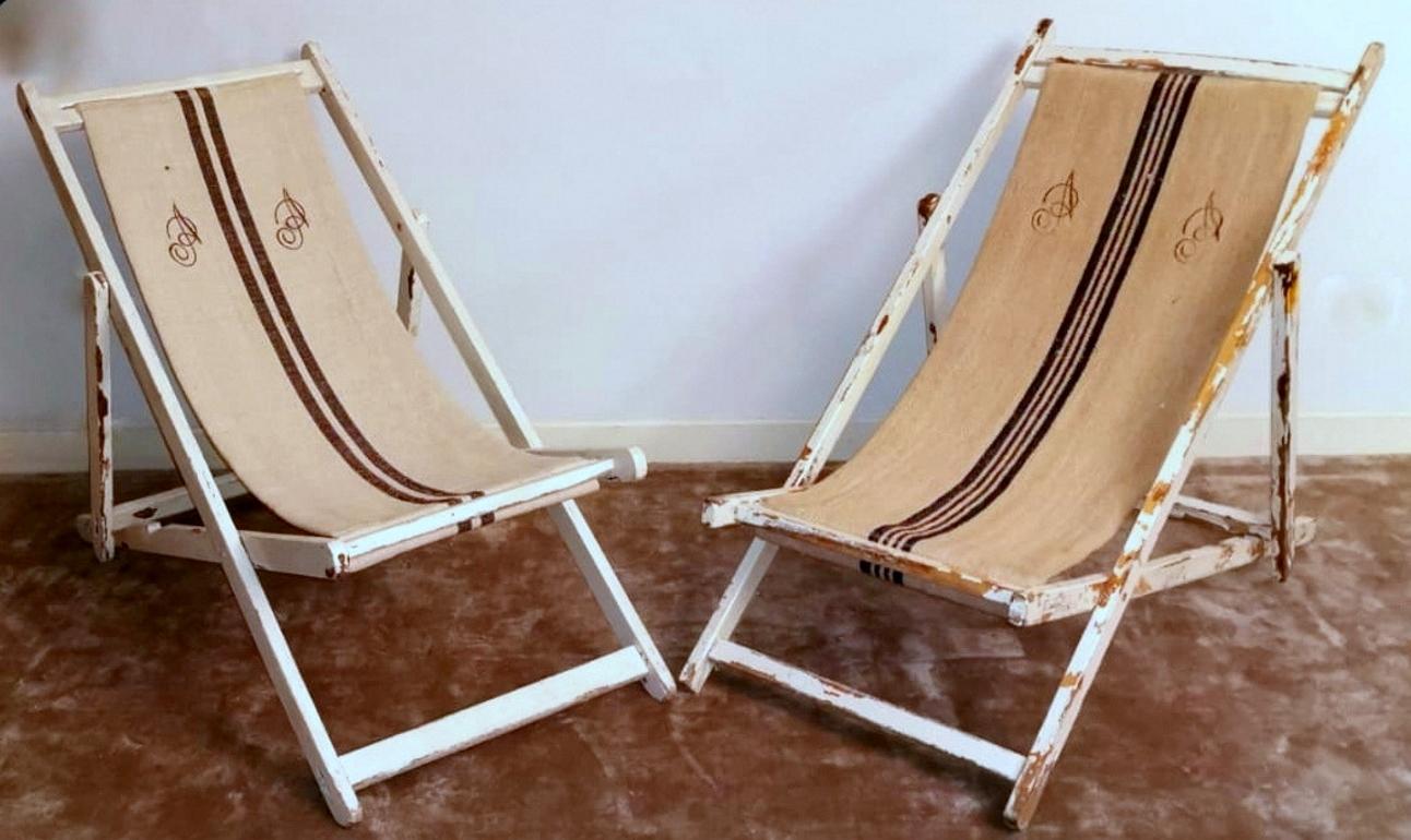 Italian Long Chair for the Beach in Raw Cotton and Wood 6