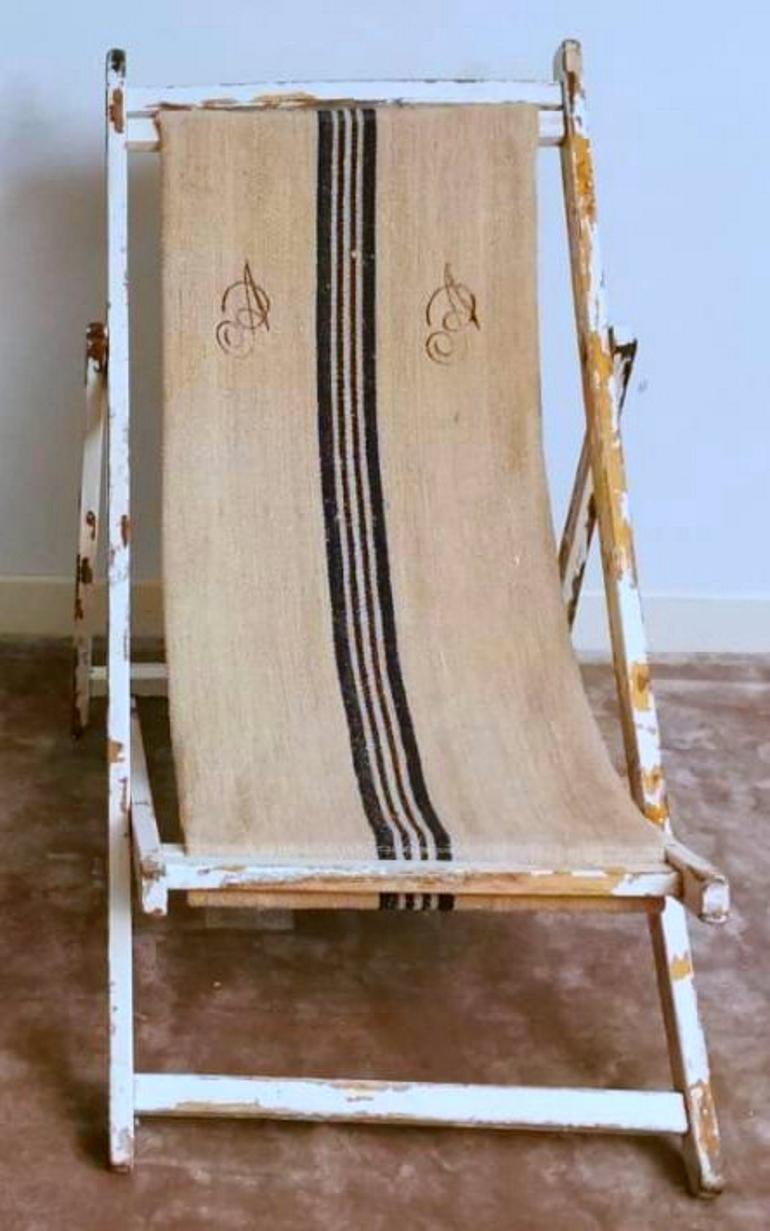 Mid-Century Modern Italian Long Chair for the Beach in Raw Cotton and Wood