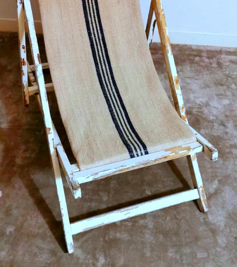 Italian Long Chair for the Beach in Raw Cotton and Wood In Fair Condition In Prato, Tuscany