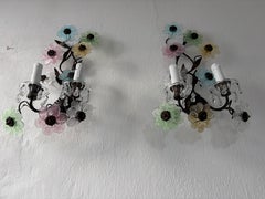 Italian Long Pastel Murano Glass Flowers Dark Bronze Sconces, circa 1930