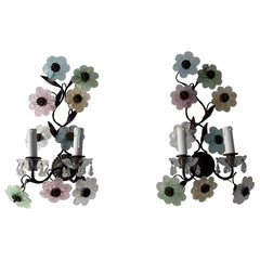 Italian Long Pastel Murano Glass Flowers Dark Bronze Sconces, circa 1930