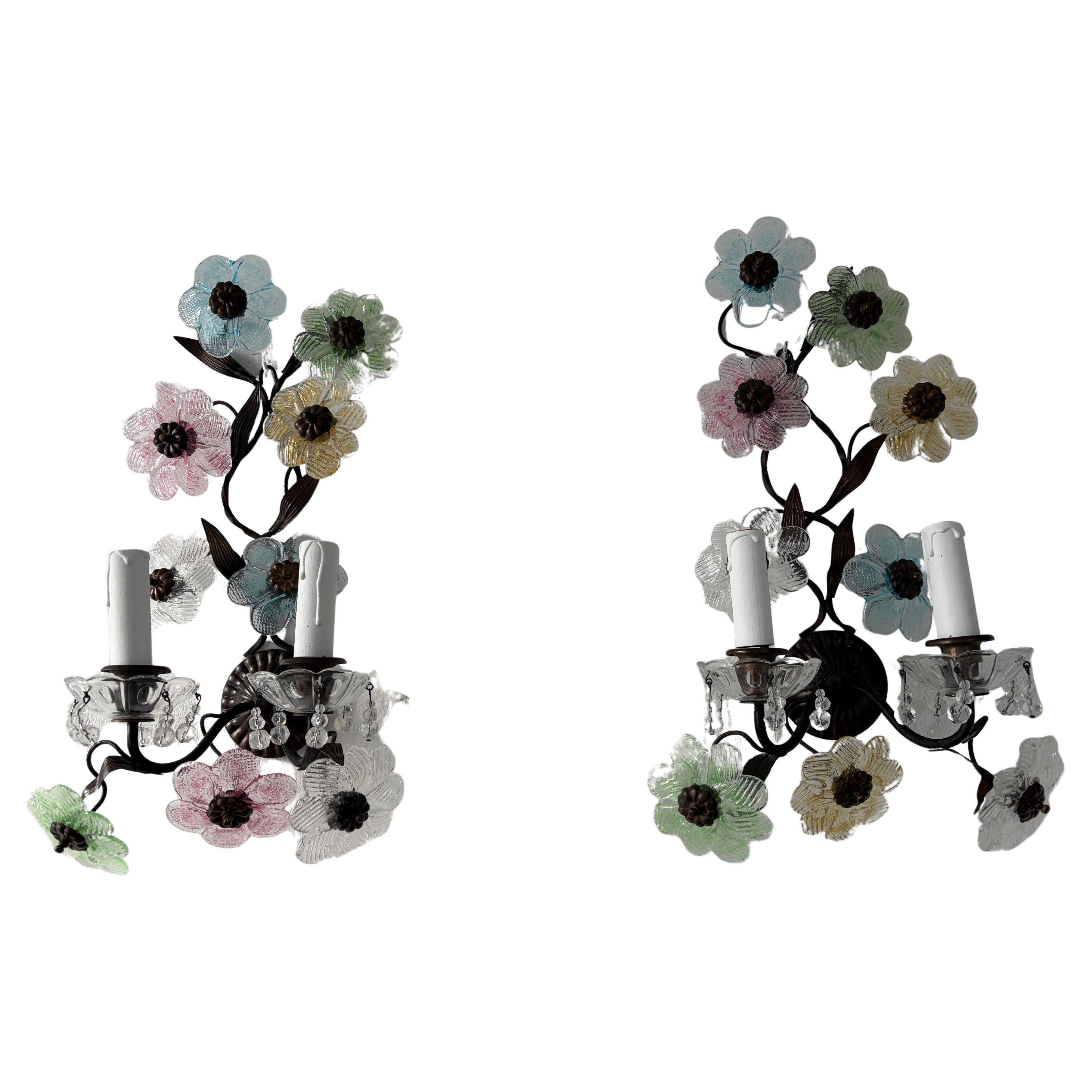 Italian Long Pastel Murano Glass Flowers Dark Bronze Sconces, circa 1930