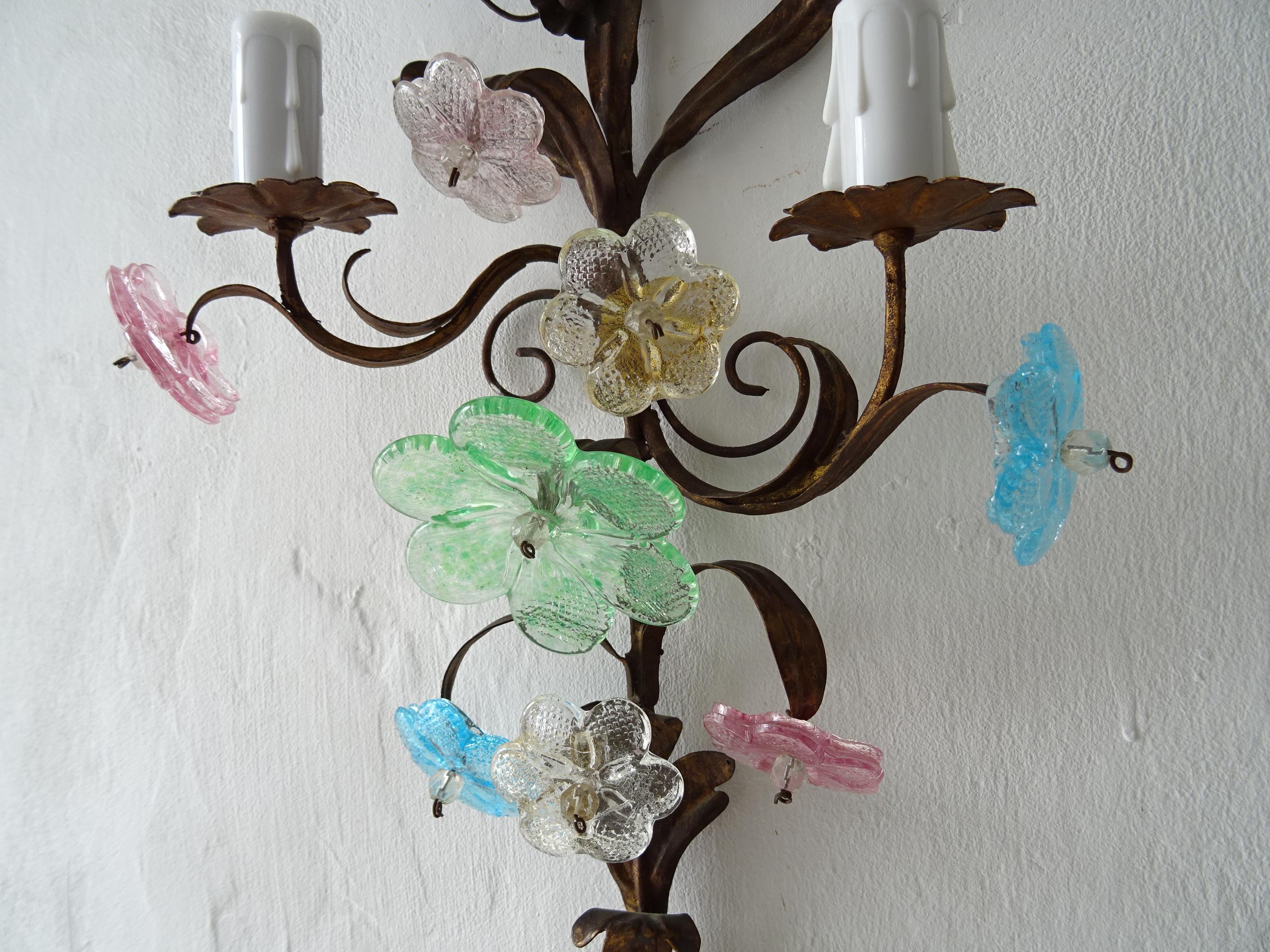 Italian Long Pastel Murano Glass Flowers Tole Sconces, circa 1930 5