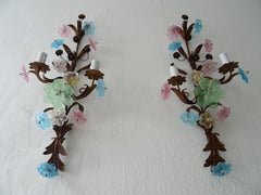 Italian Long Pastel Murano Glass Flowers Tole Sconces, circa 1930