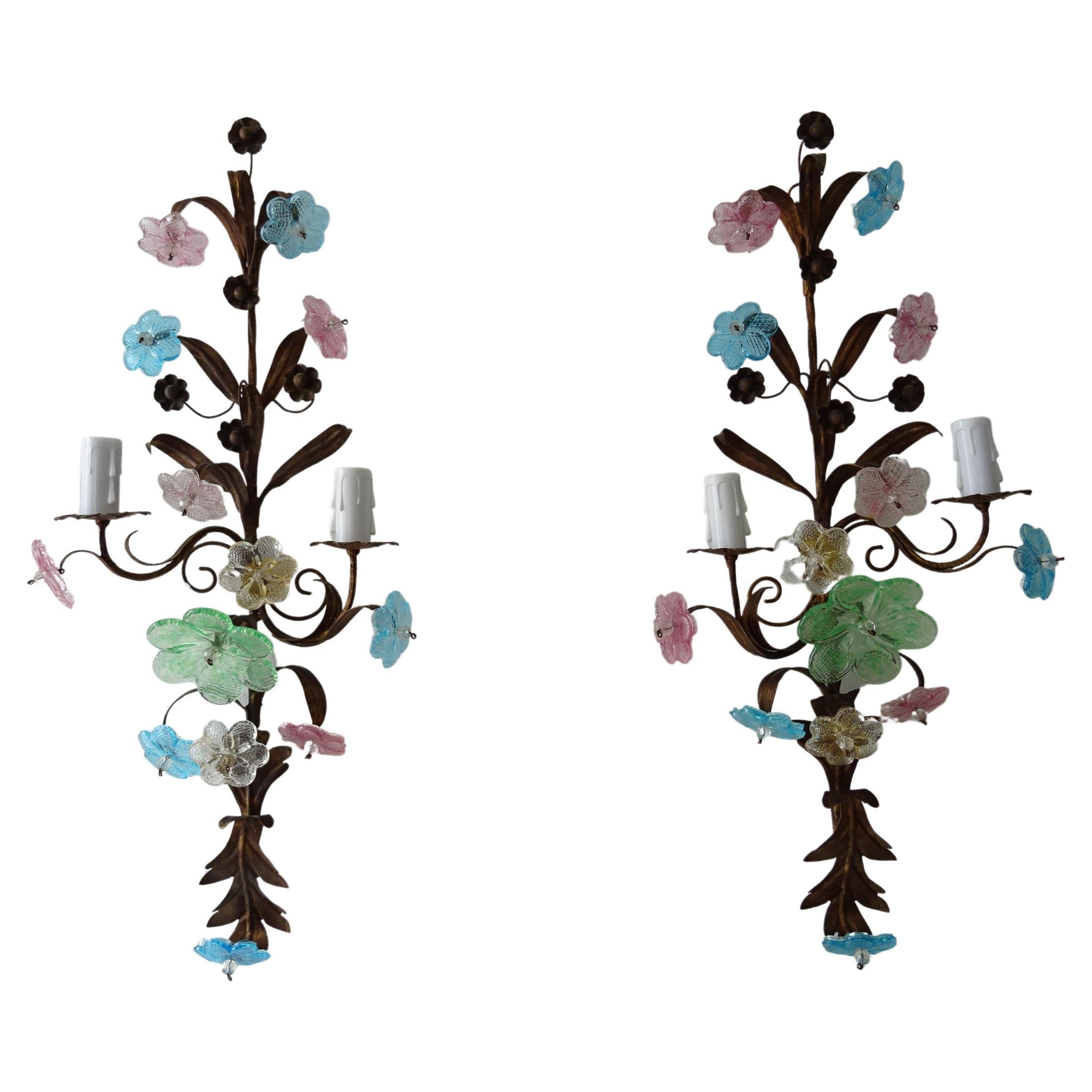 Italian Long Pastel Murano Glass Flowers Tole Sconces, circa 1930