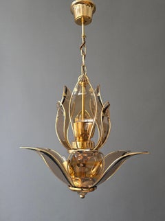 Three Italian Lotus Chandelier in Brass and Amber Murano Glass, Mid-20th Century