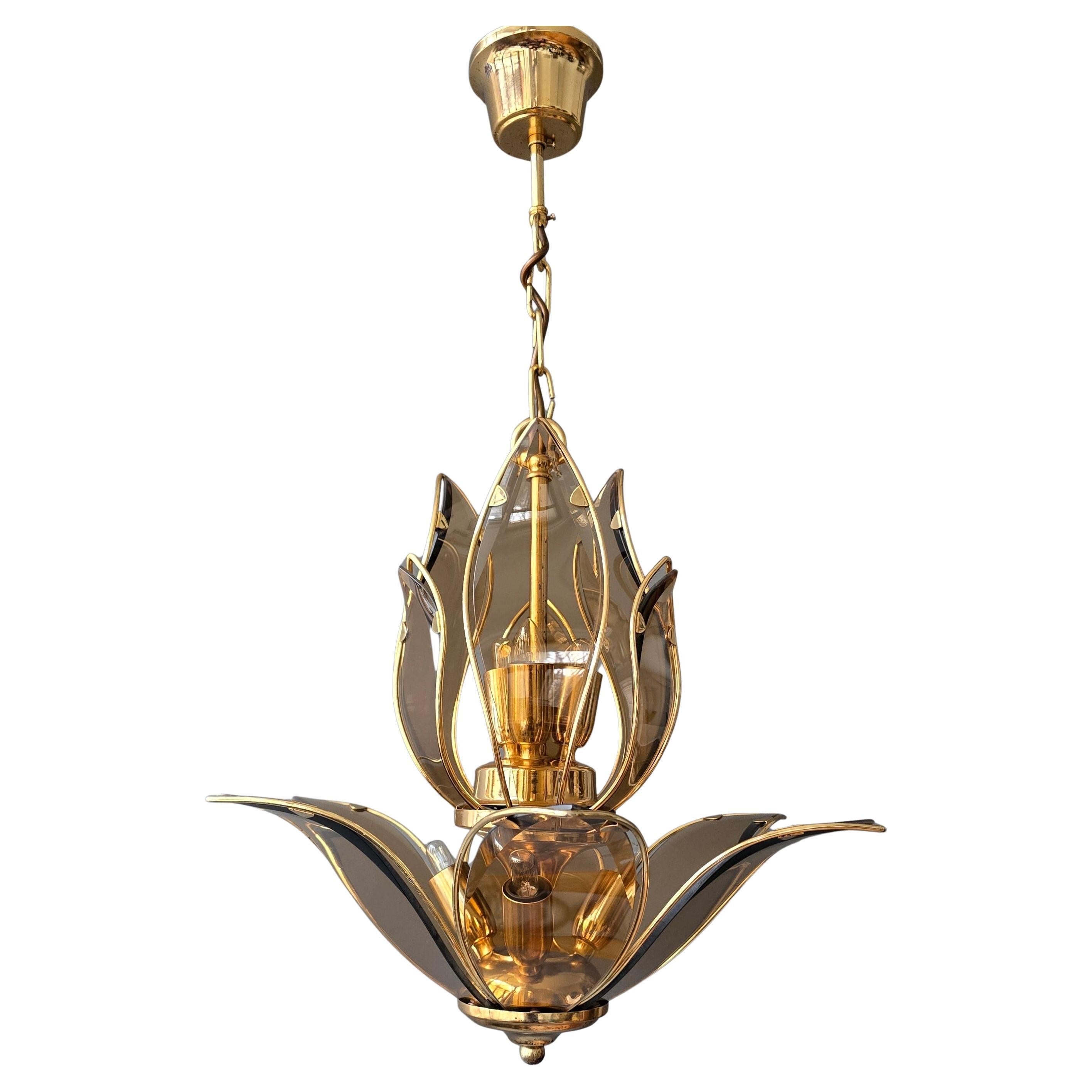 Italian Lotus Chandelier in Brass and Amber Murano Glass, Mid-20th Century