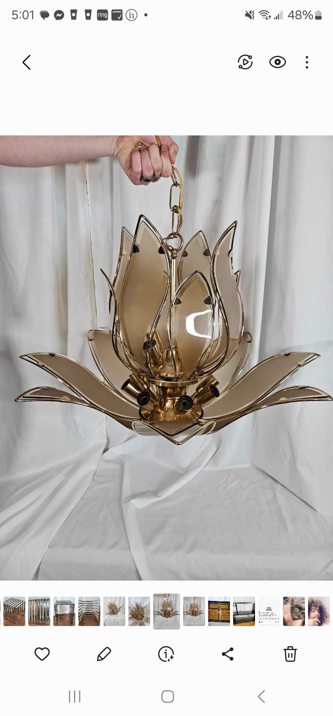 Italian Lotus Chandelier with Murano Glass and Brass For Sale 6
