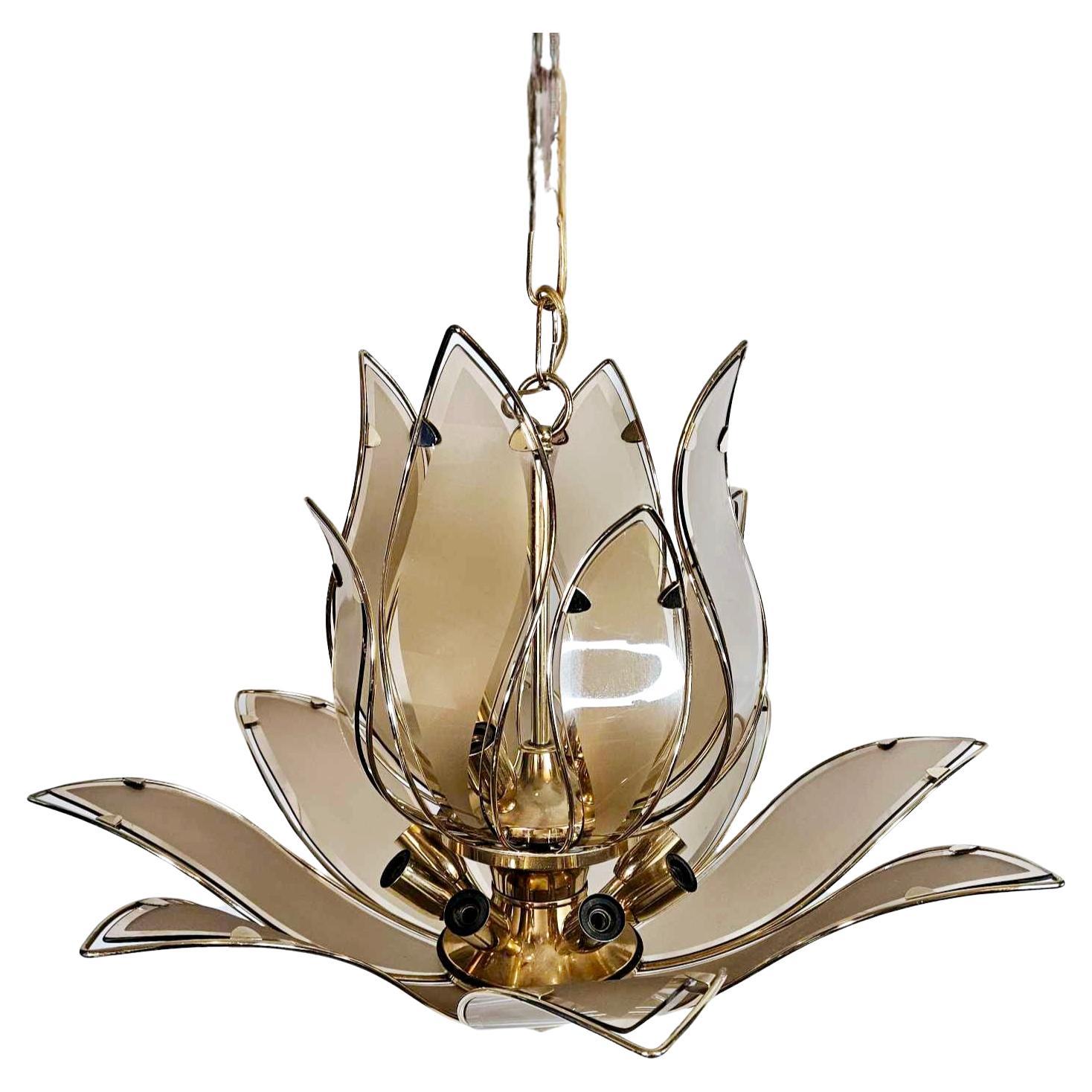 Italian Lotus Chandelier with Murano Glass and Brass For Sale