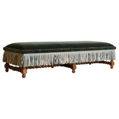 Italian Louis XIII Style Light Walnut & Upholstered Large Bench, 2nd half 19thc