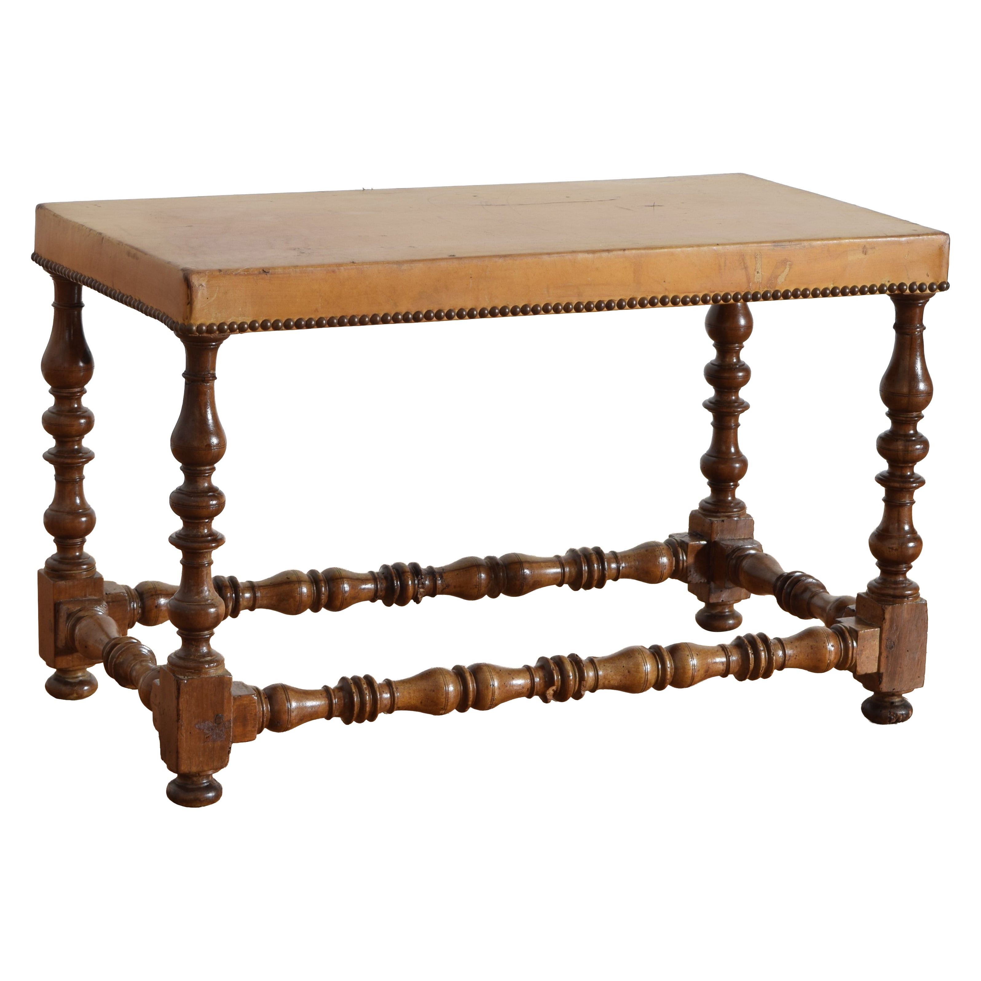 Italian Louis XIII Style Walnut and Leather Upholstered Bench, Mid 19th Century For Sale