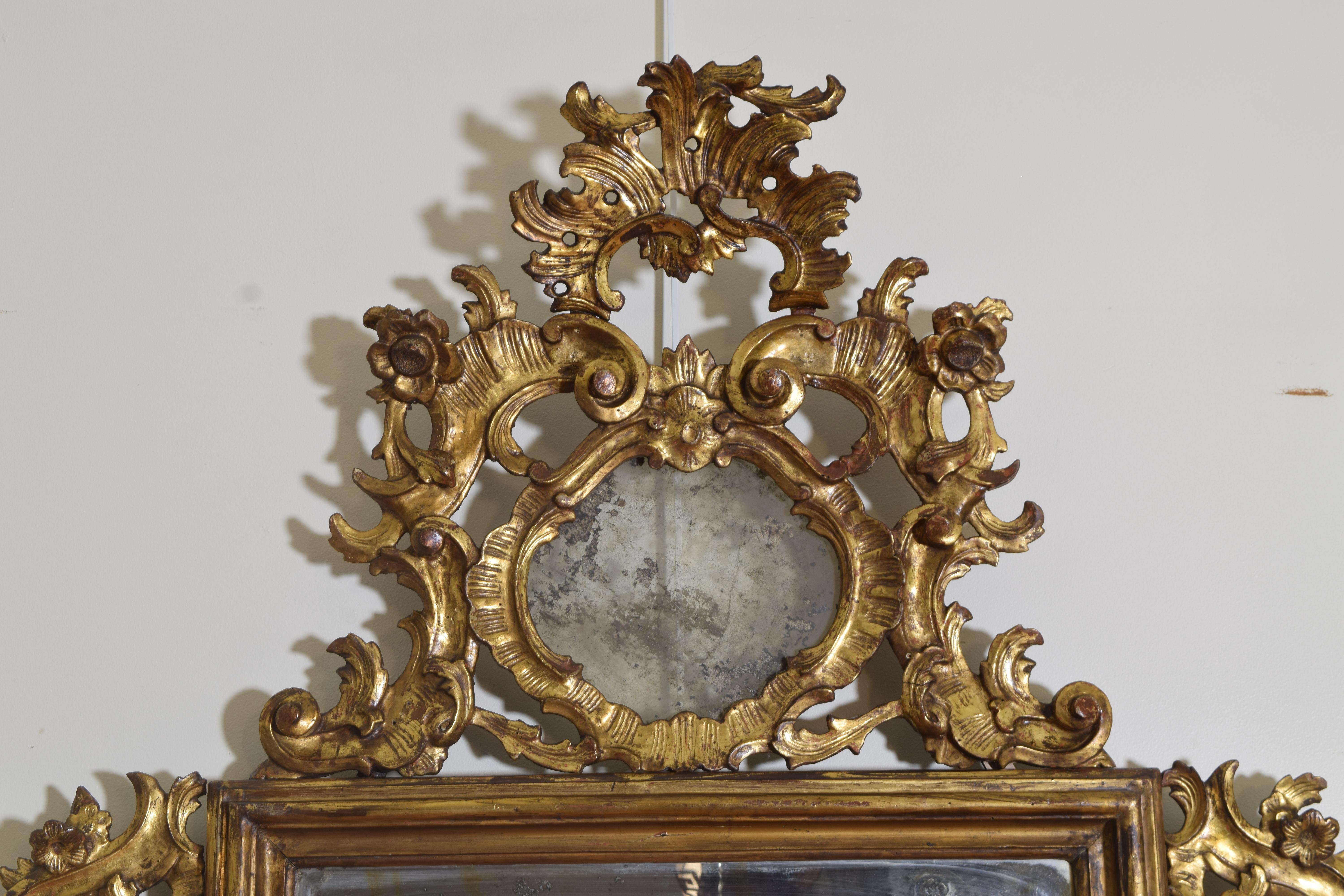 Italian Louis XIV Period Large Carved Giltwood Mirror, Early 18th Century 1