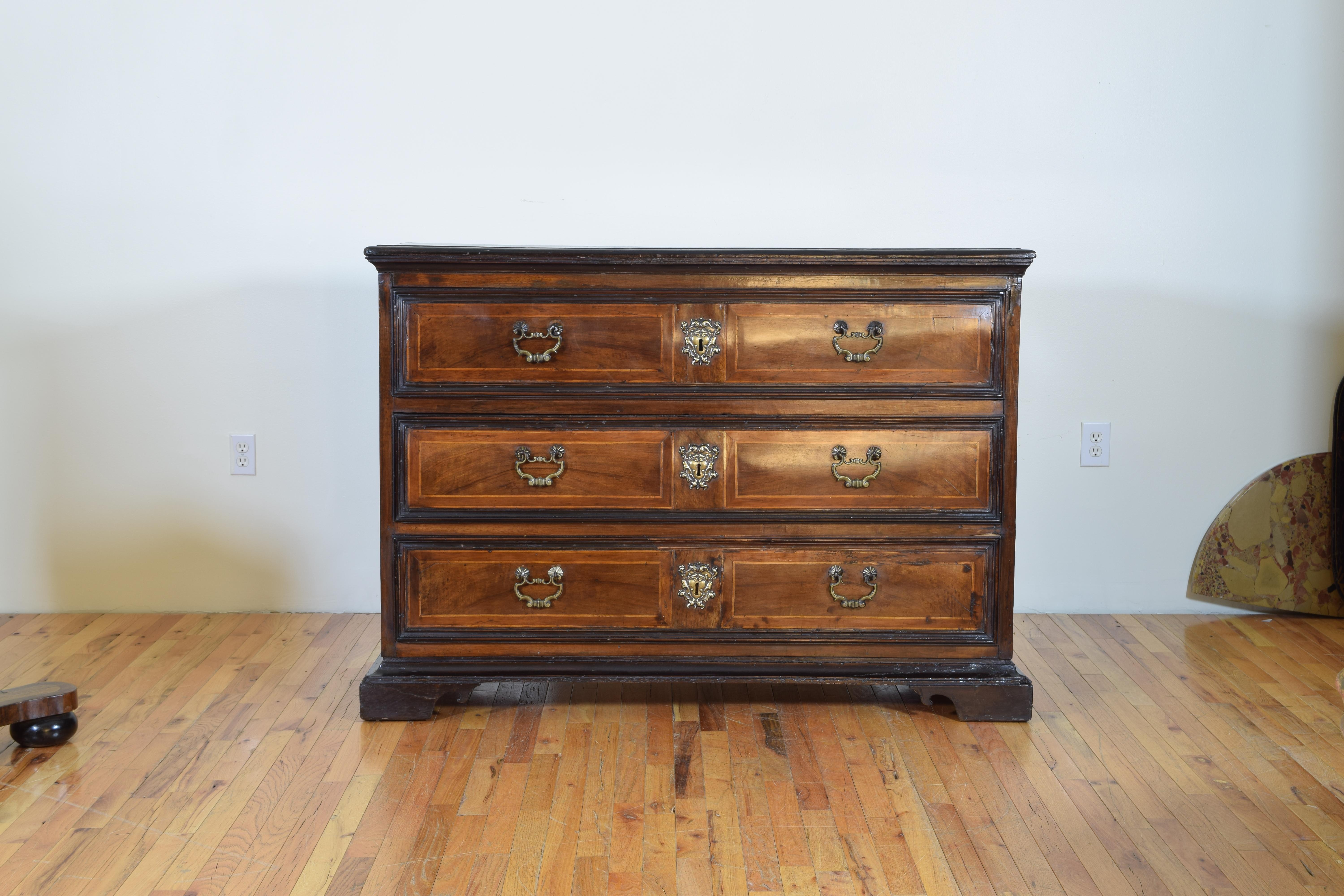 Carved Italian Louis XIV Period Walnut, Inlaid and Ebonized 3-Drawer Commode