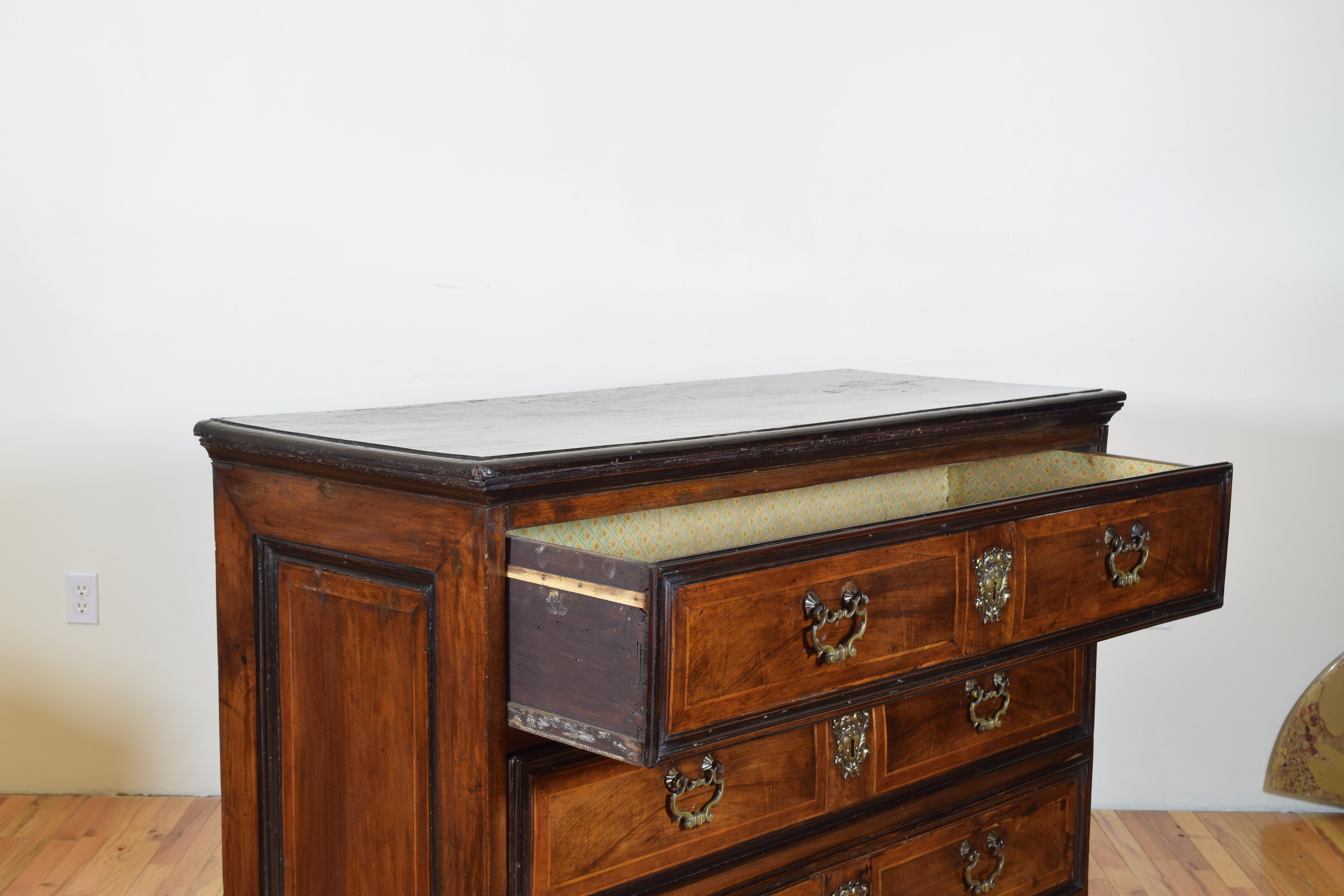 Early 18th Century Italian Louis XIV Period Walnut, Inlaid and Ebonized 3-Drawer Commode
