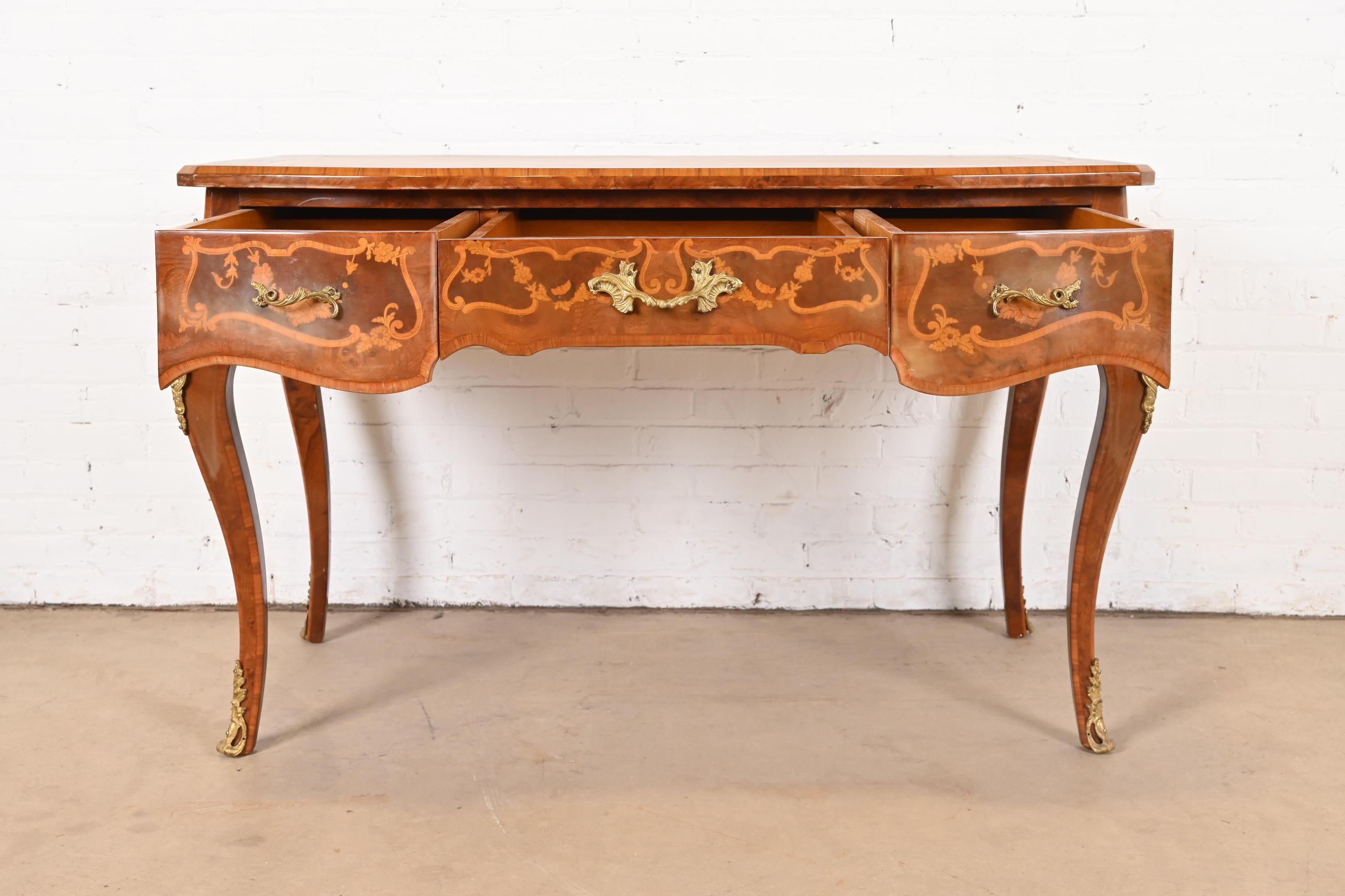 Italian Louis XV Burl Wood Leather Top Bureau Plat Desk With Bronze Ormolu 6