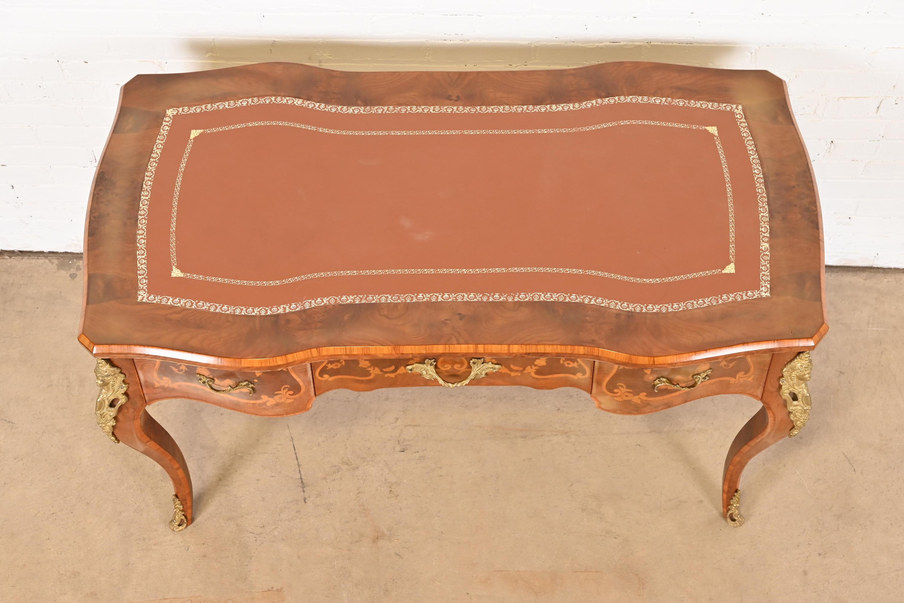 Italian Louis XV Burl Wood Leather Top Bureau Plat Desk With Bronze Ormolu 8