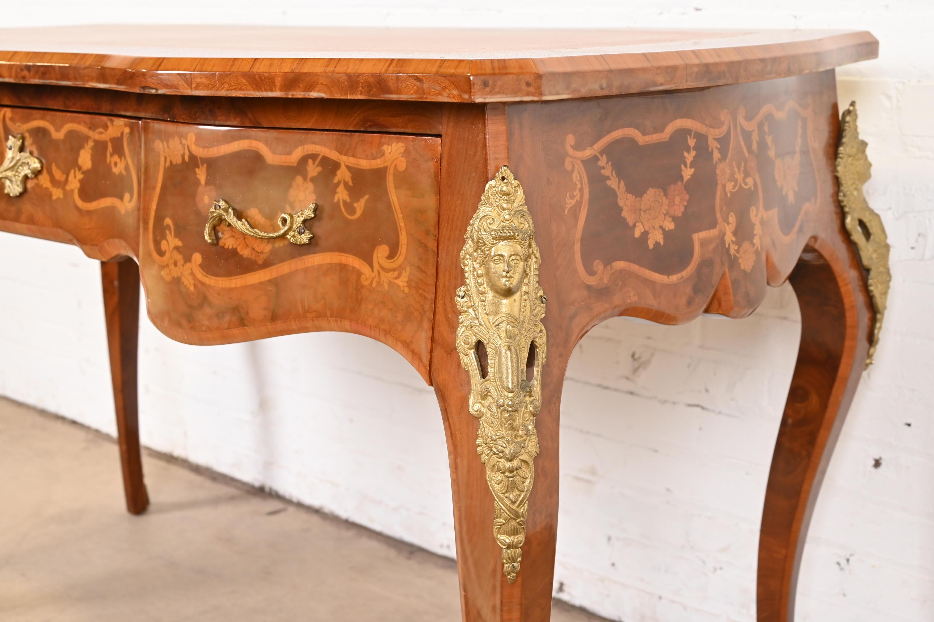 Italian Louis XV Burl Wood Leather Top Bureau Plat Desk With Bronze Ormolu 9