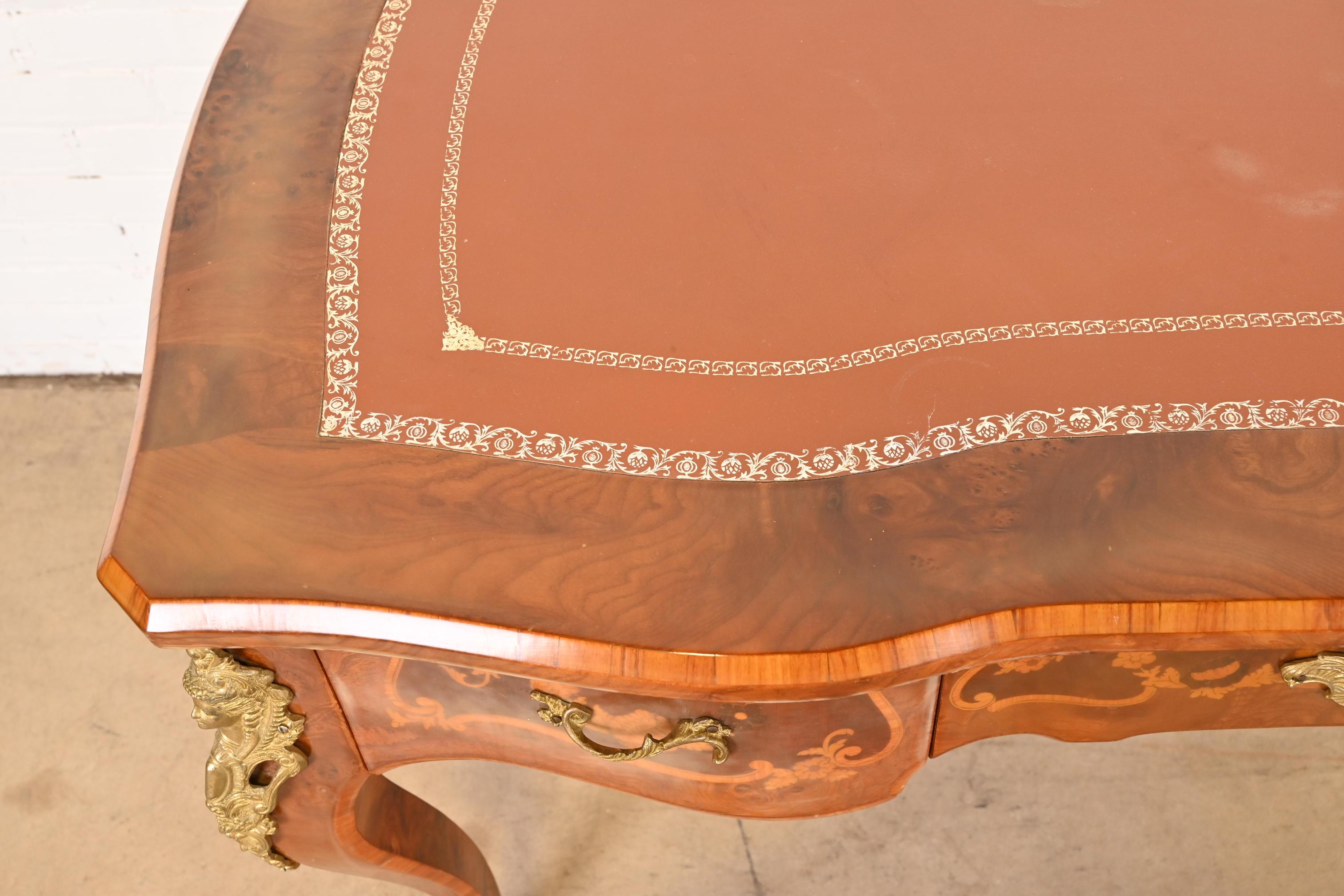 Italian Louis XV Burl Wood Leather Top Bureau Plat Desk With Bronze Ormolu 11