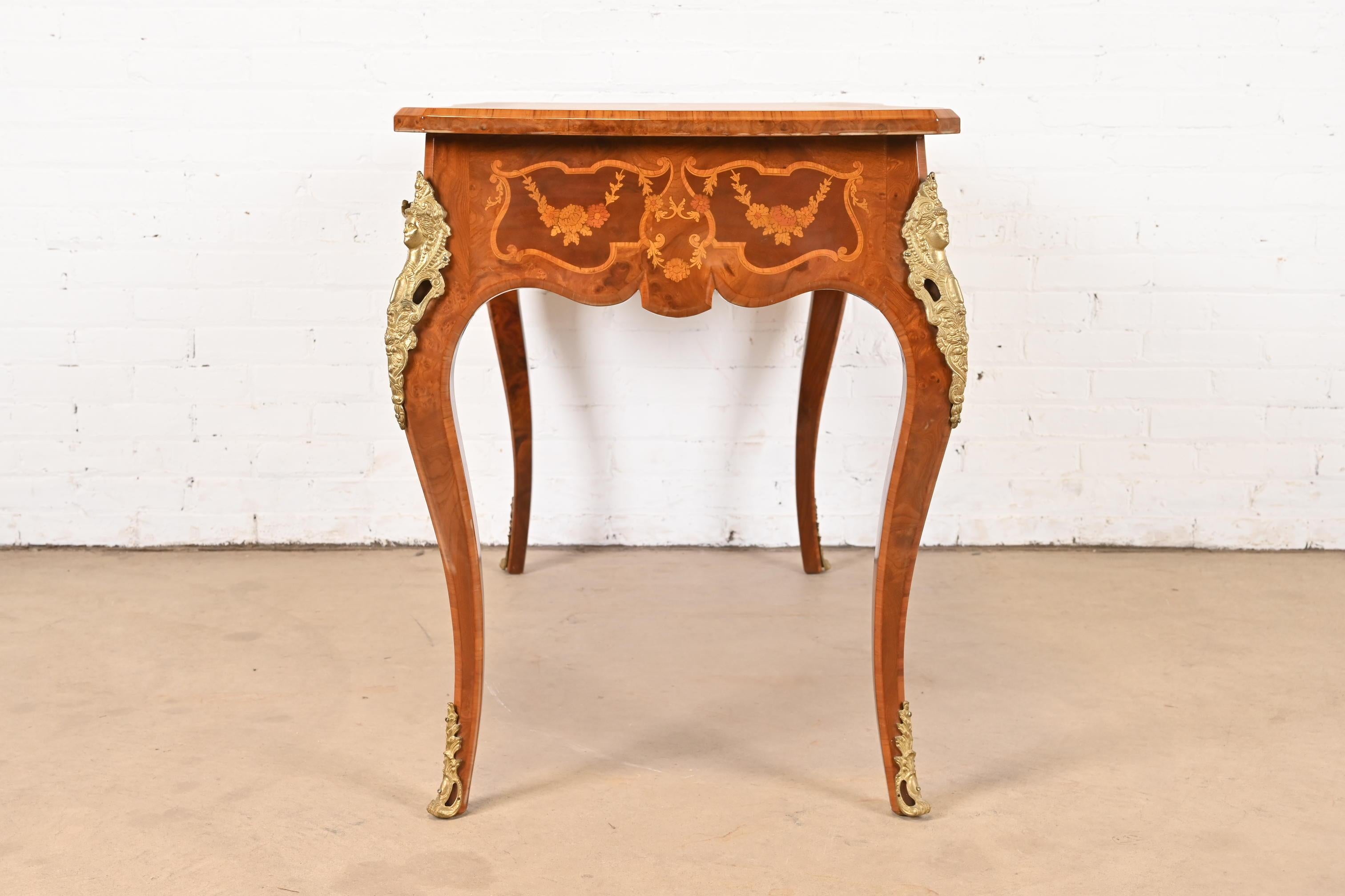 Italian Louis XV Burl Wood Leather Top Bureau Plat Desk With Bronze Ormolu 12